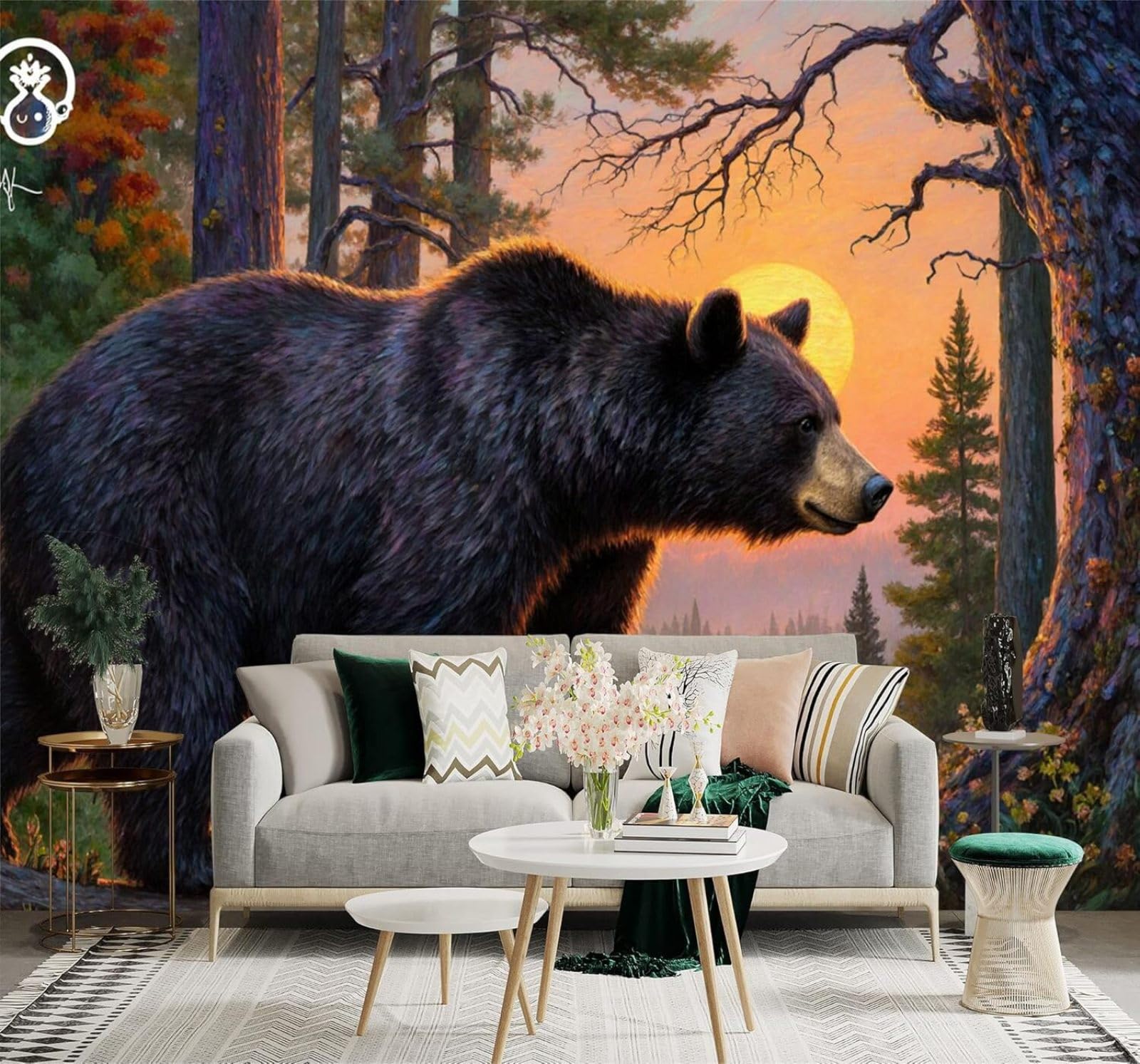 XLMING Forest Black Bear Sunset Pine Trees Landscape 3D Wallpaper Premium Textured Silk Study Dining Living Room Bedroom Sofa TV Wall Easy Install-430cm×300cm