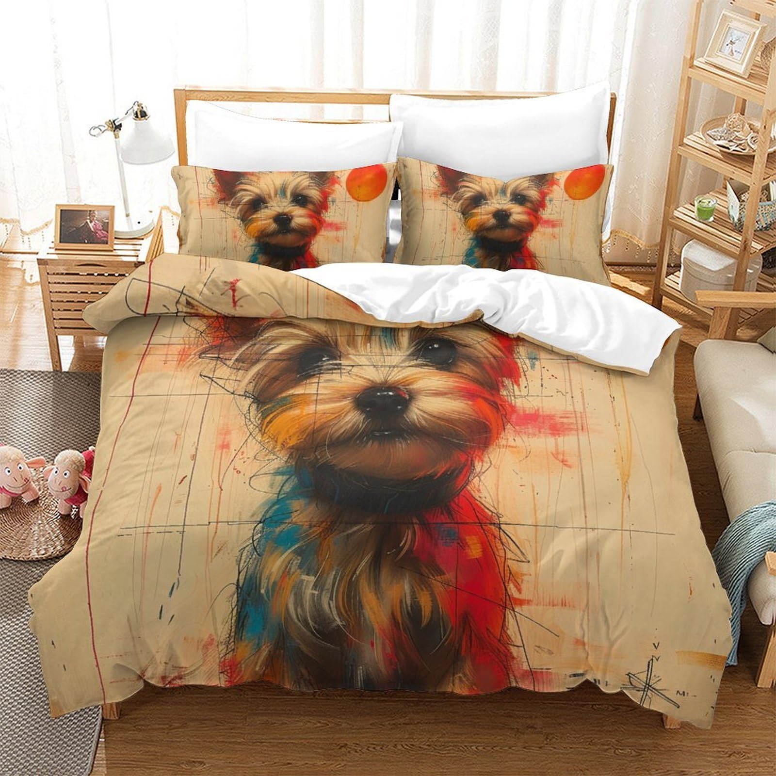 XCVBNMQWERF Soft Duvet Cover Set, Design Yorkshire Terrier, Printed Duvet Cover And Pillowcase, 3 Piece Set, For Adults And Children Single（140x200cm）