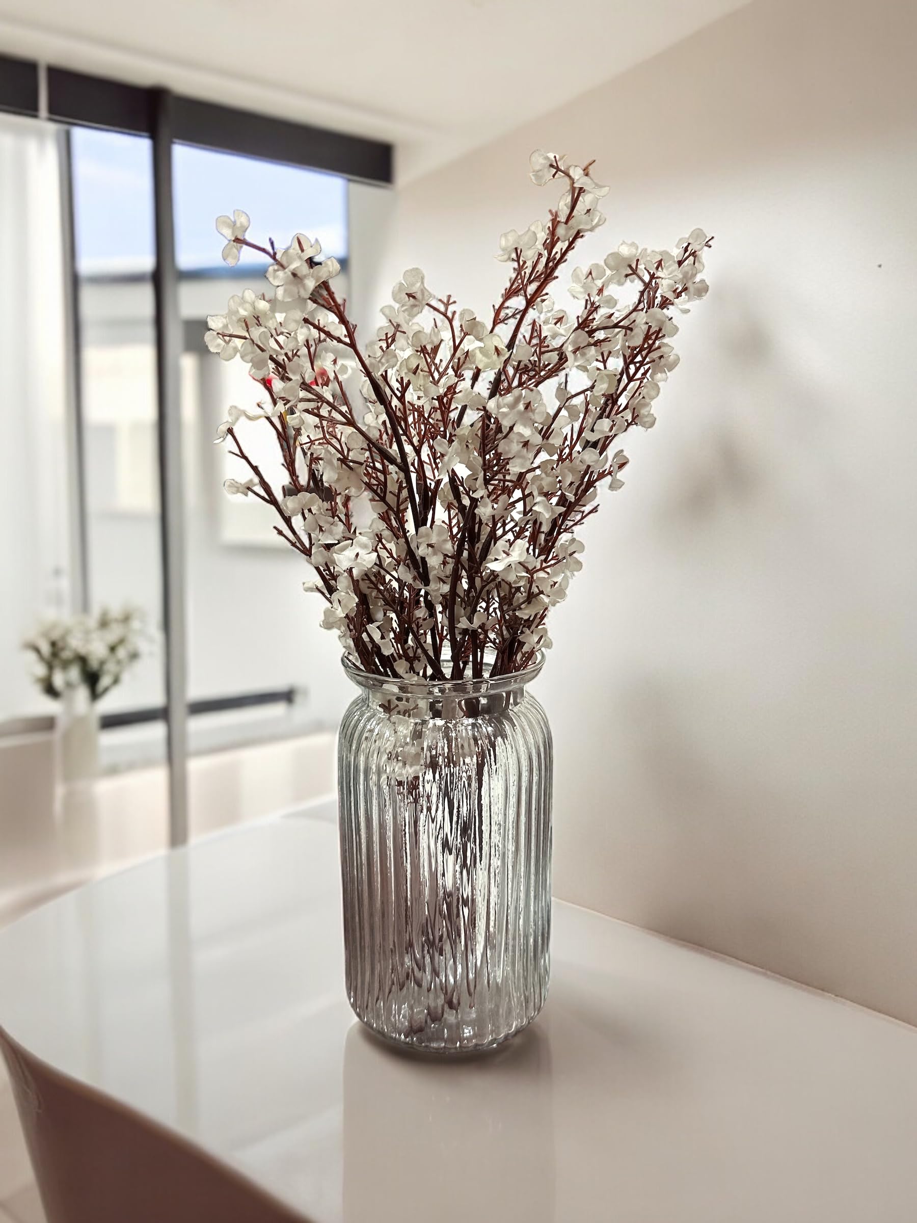BS AMOR Artificial Flower Bouquet - Gypsophila Real Touch Faux Silk Flowers for Vase, DIY Home Office Wedding Party Decoration (White, 5pcs) + Clear Vase