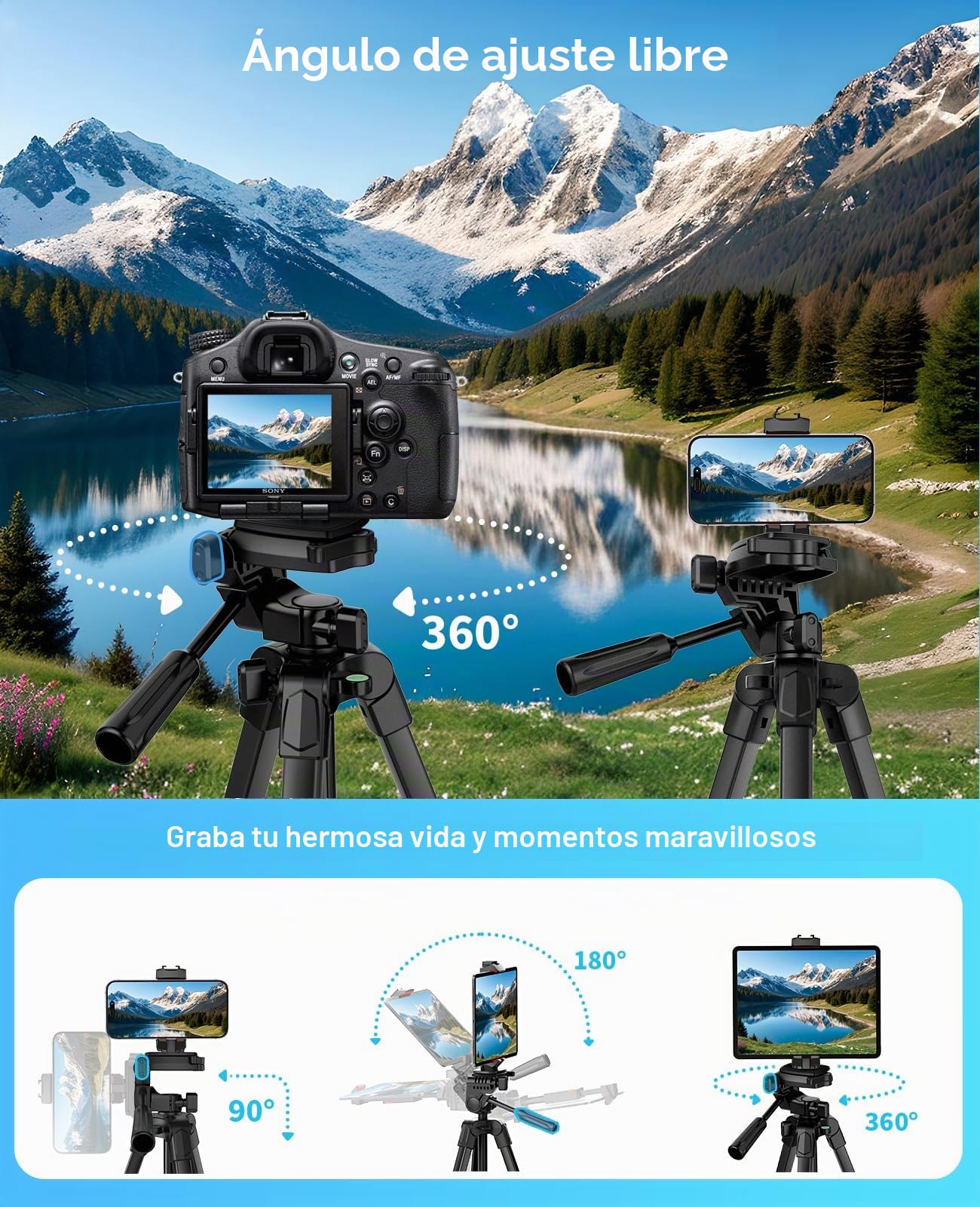 Trípode para iPad iPhone Cámara, 170cm Tripode Cámara de Movil con Remoto Bluetooth para Tableta Smartphone, Huawei, Samsung, GoPro, Nikon, Sony, DSLR