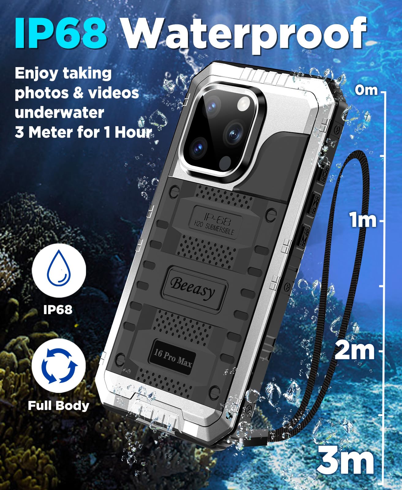 Beeasy Cover per iPhone 16 Pro Max IP68 Impermeabile Custodia Militare Antiurto Resistente 360° Metallo Armor Protezione Schermo Integrata Rugged Robusta Indistruttibile Subacquea Antipolvere Argento