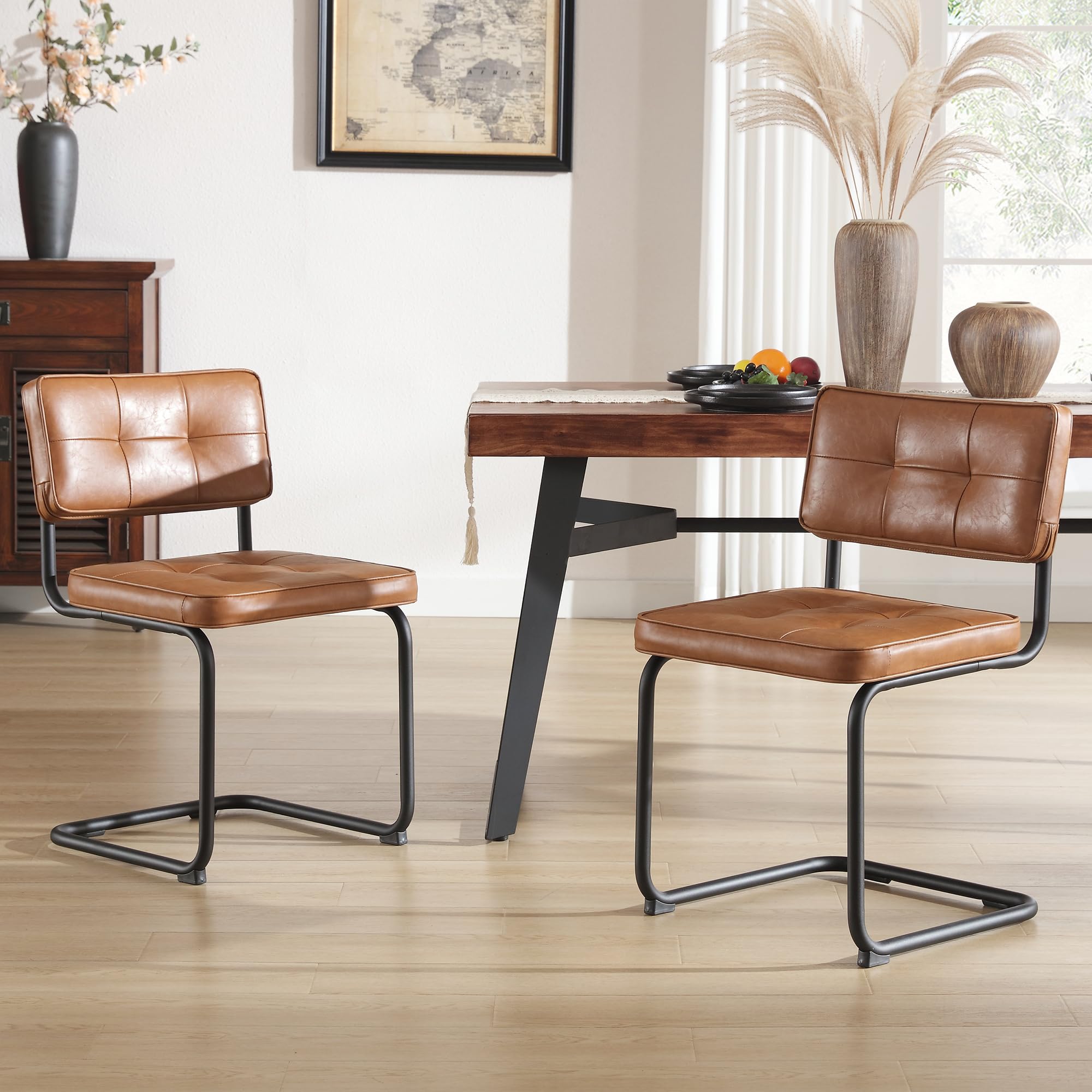 Zesthouse Cantilever Dining Chairs Set of 2, Faux Leather Black Leg, Brown