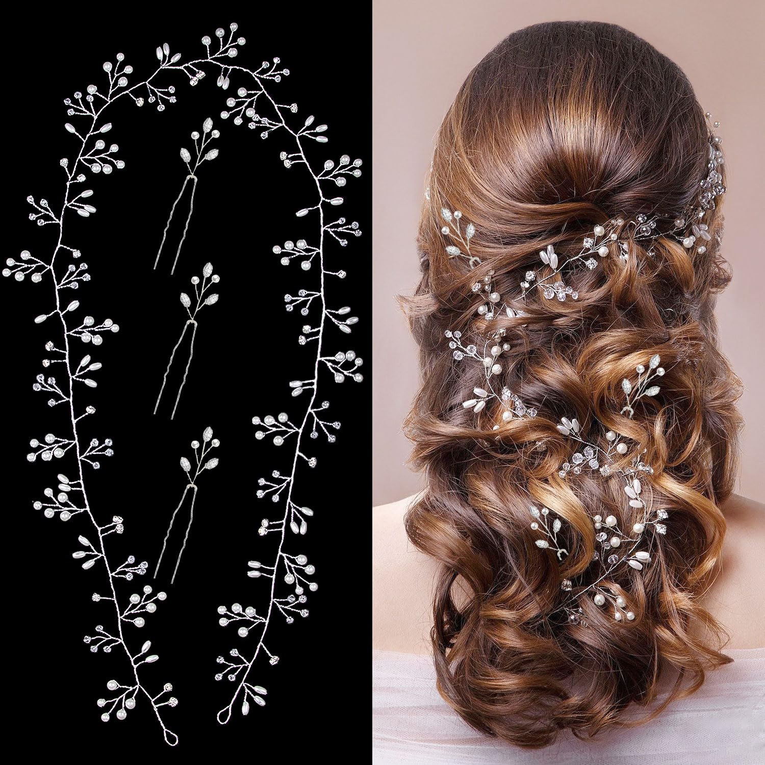 BOYIVI Bride Wedding Hair Vine Extra Long Pearl and Crystal Beads Wedding Head Piece Hair Jewelry Hair Accessories for Bride Women Girls Bridesmaids