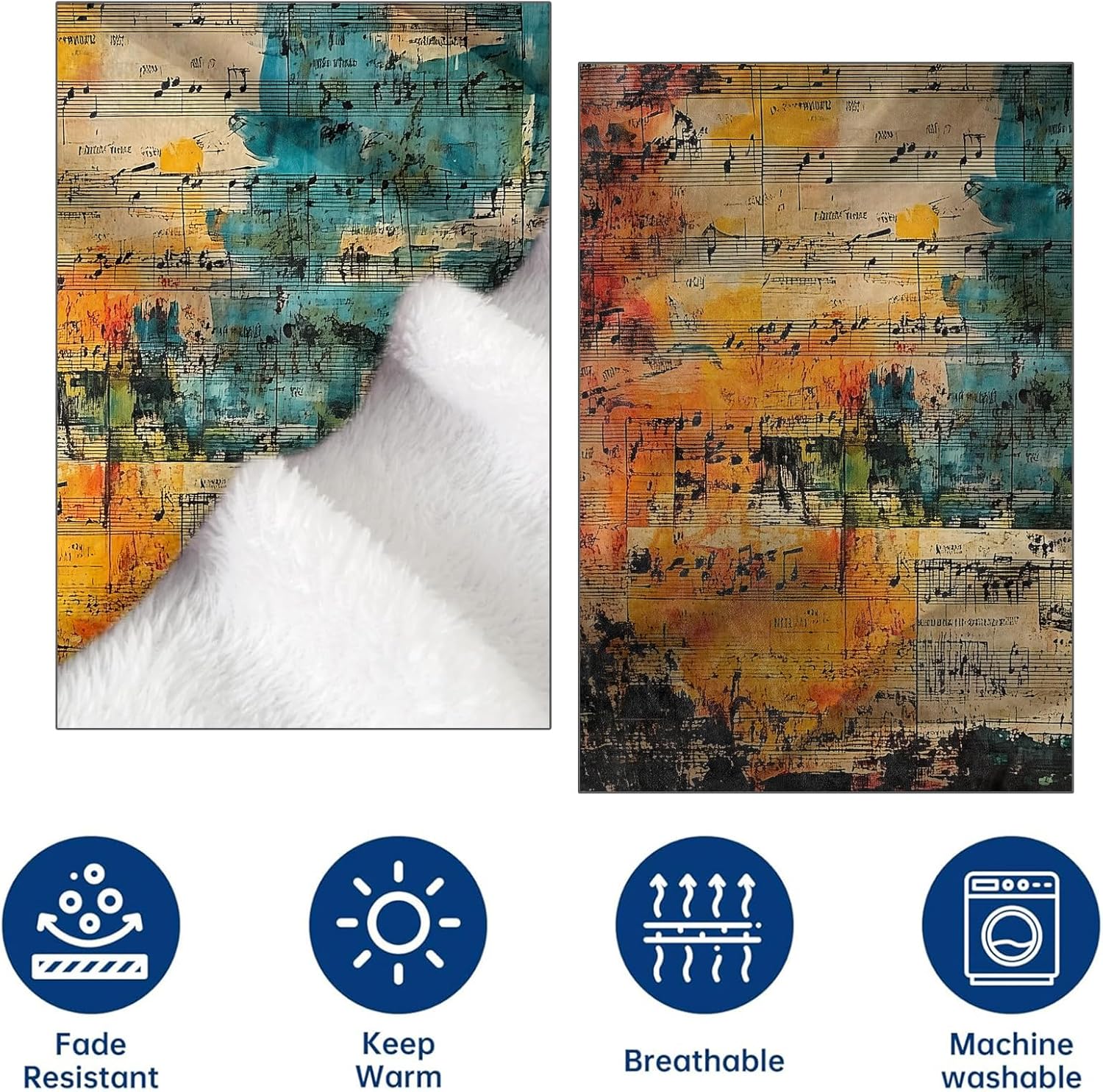 Abstract Piano Flannel Throw Blanket 50x60 Inch, Colorful Sheet Music and Keyboard Art Design Blankets Soft Cozy Fleece Throws for Musical Lover Bed Sofa Dorm Living Room Decor Gifts