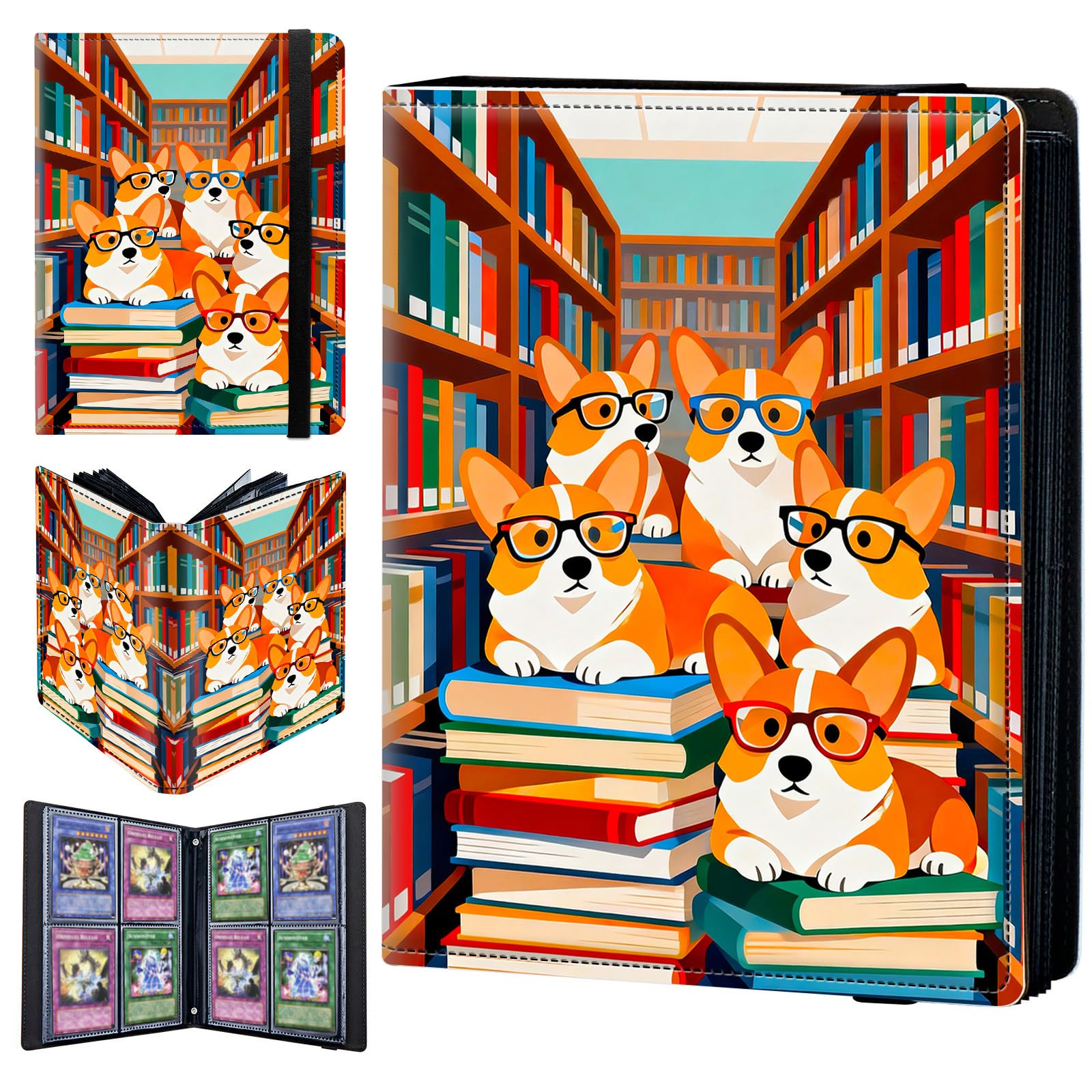 4 Pocket Trading Card Binder 160 Side Loading Pocket Album with Books and Dogs Pattern Design Card Binder for Sports Cards & Game Cards