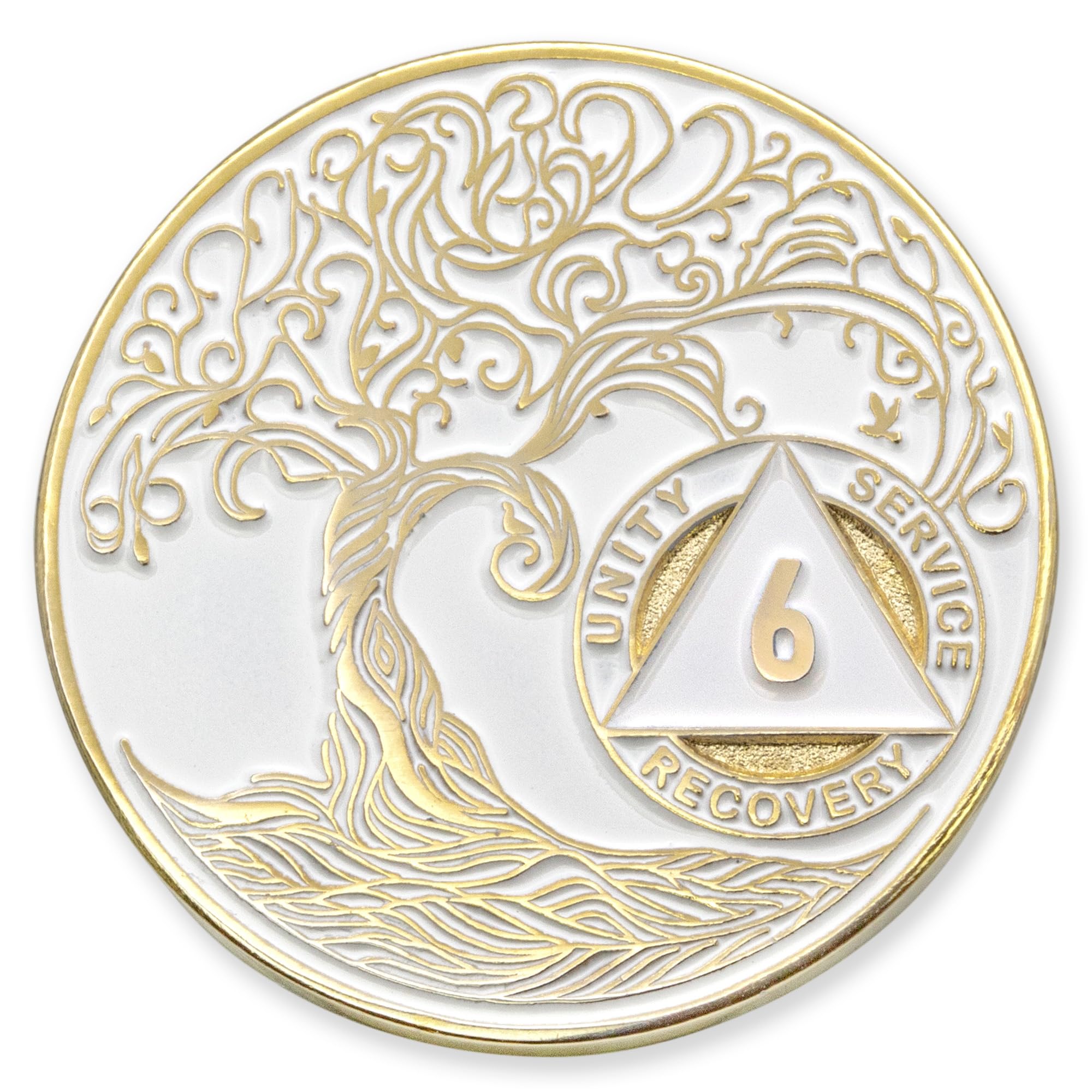 1 to 50 Year Twisted Tree of Life Sobriety Coin - Gold Plated AA Chips &amp; Medallions - 6 Year Sobriety Coin - White