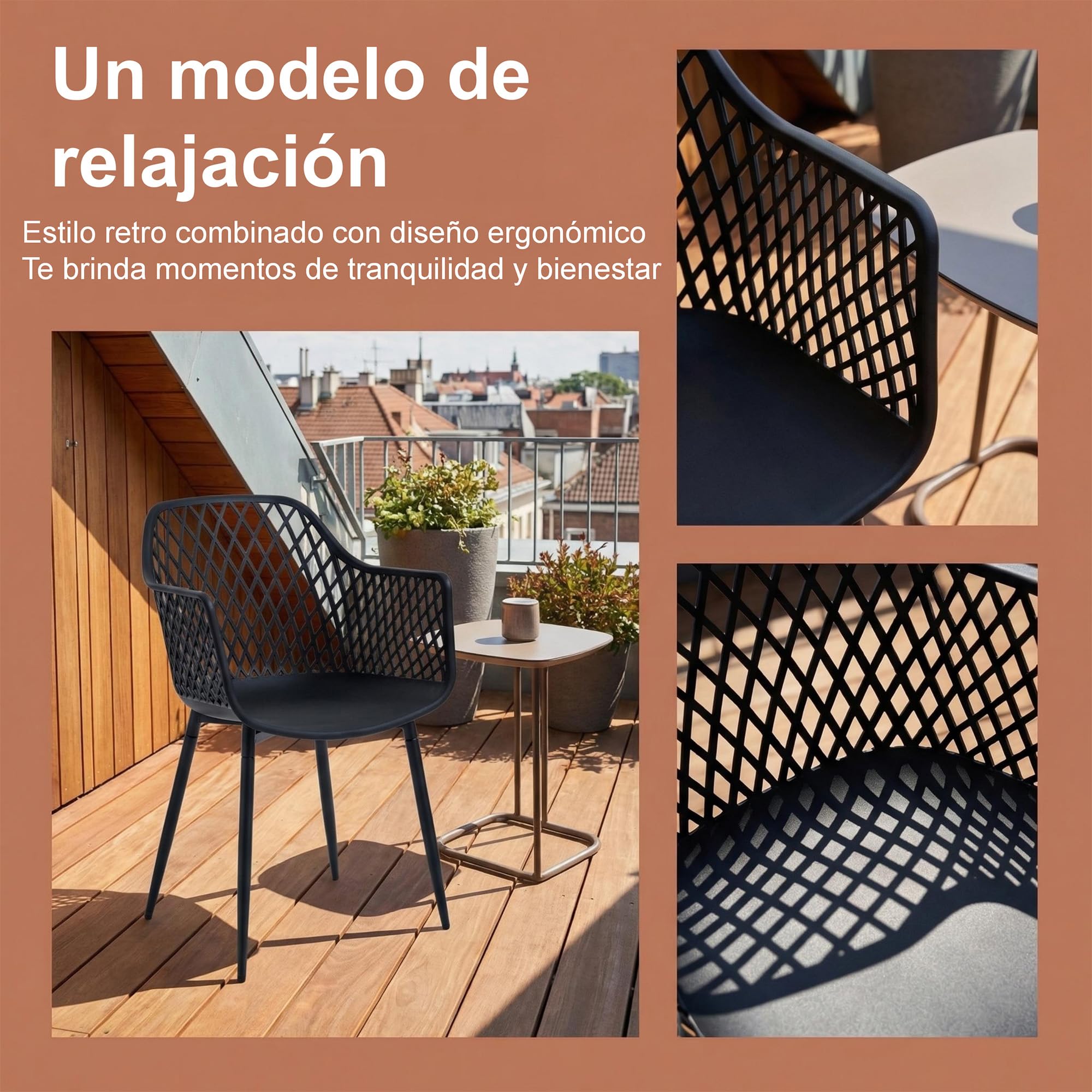 Juego de 6 sillas de Comedor con Respaldo geométrico Moderno de plástico para Patio con Patas de Metal, Silla de jardín al Aire Libre, Silla de Comedor con Brazos para balcón, Color Negro