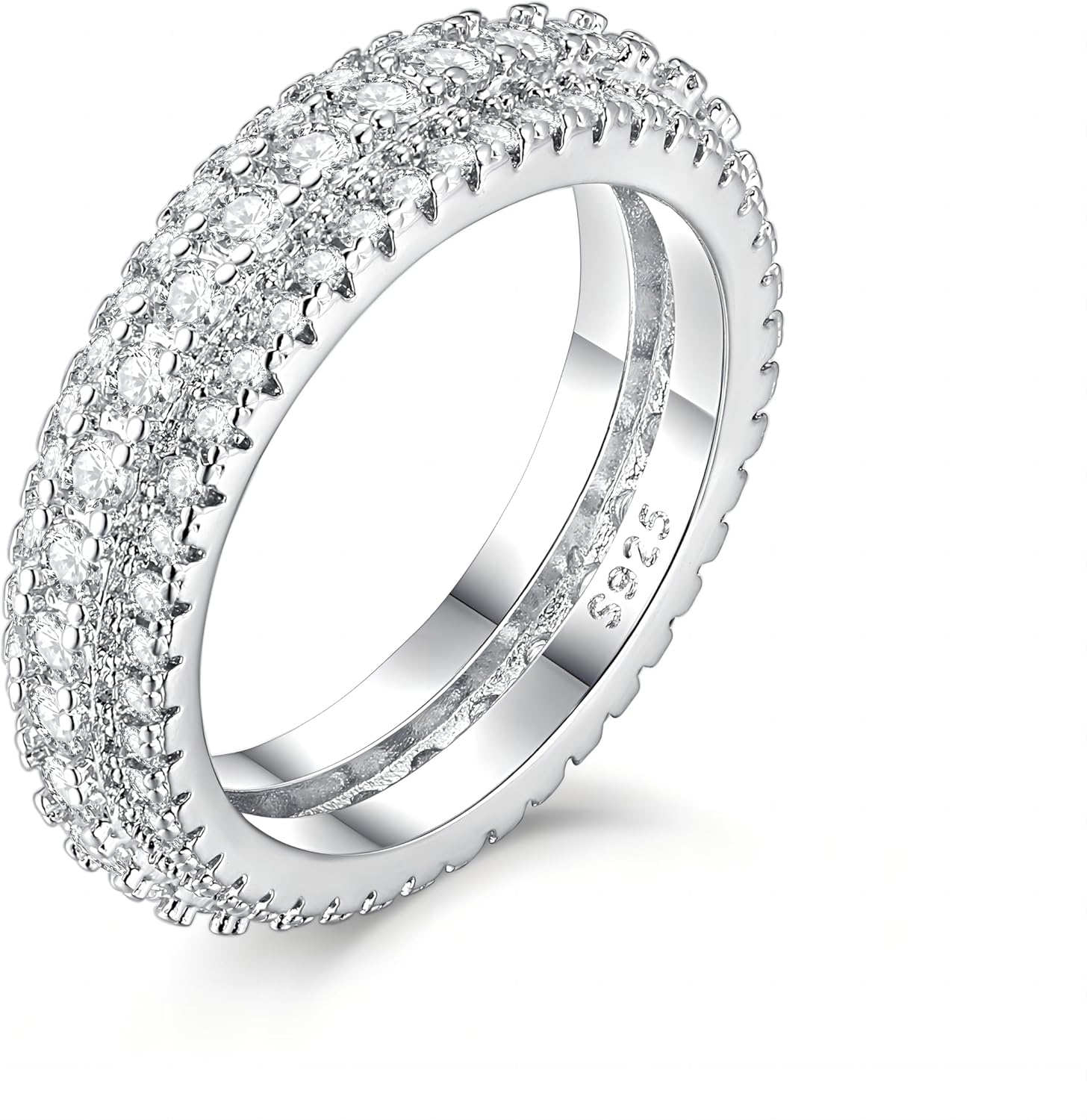 ENDLESSNESS & ETERNITY 14K White Gold Plated 3 Row Eternity Band Ring for Women CZ Cubic Zirconia Wedding Band for Women