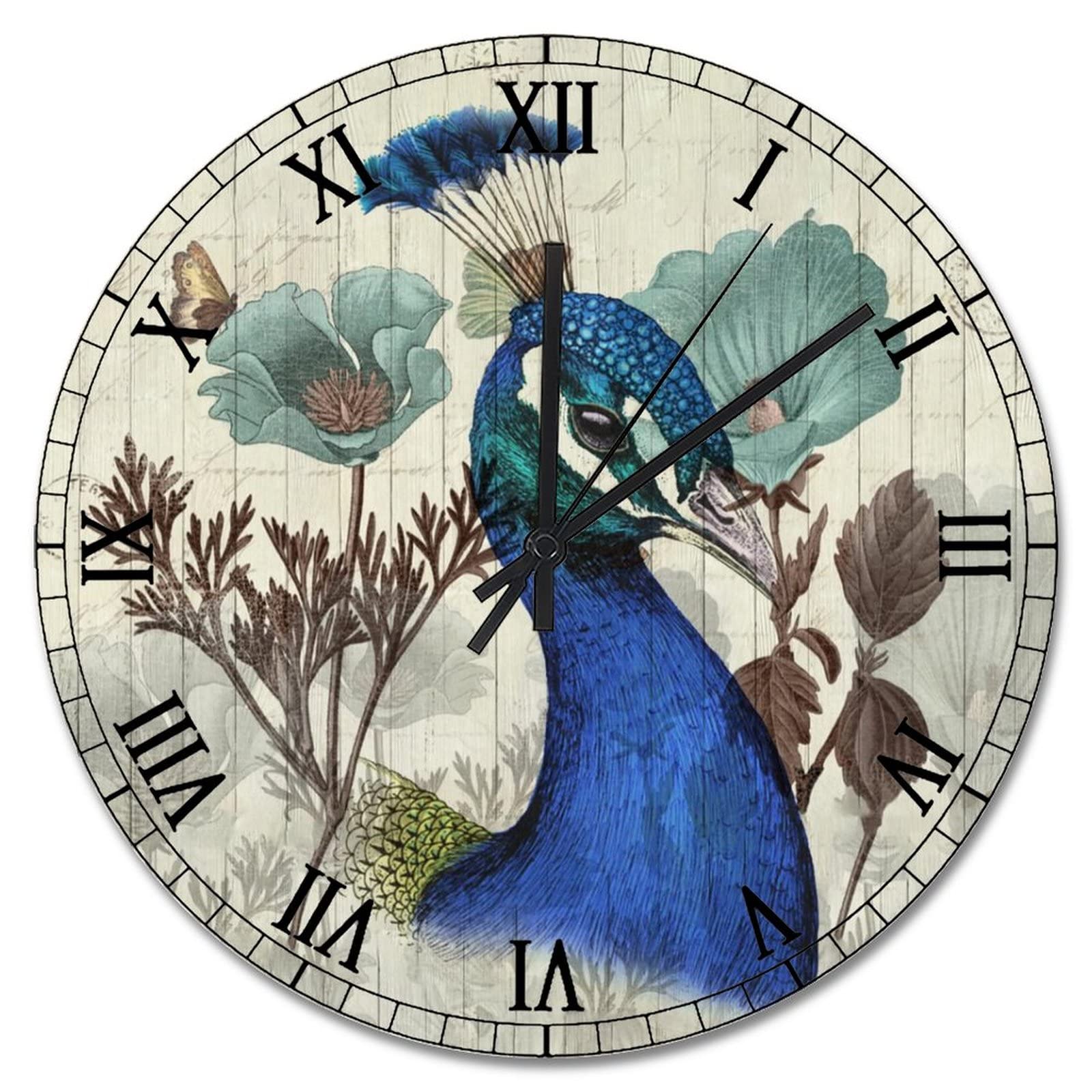 Horloge murale paon bleu grande pendule de cuisine vintage à piles pour décoration