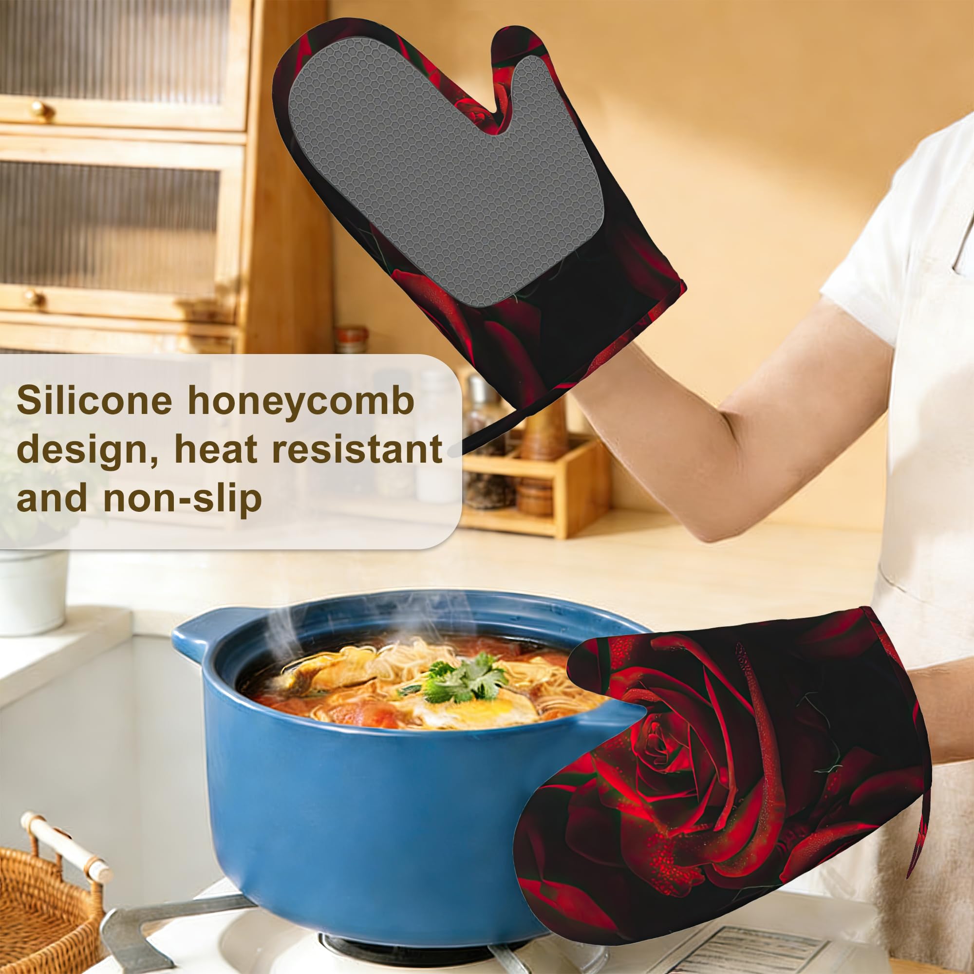 Red Rose Ofenhandschuhe und Topflappen, 4er-Set, Küchenhandschuhe, hitzebeständige Ofenhandschuhe mit rutschfestem Silikon zum Backen, Kochen, Grillen