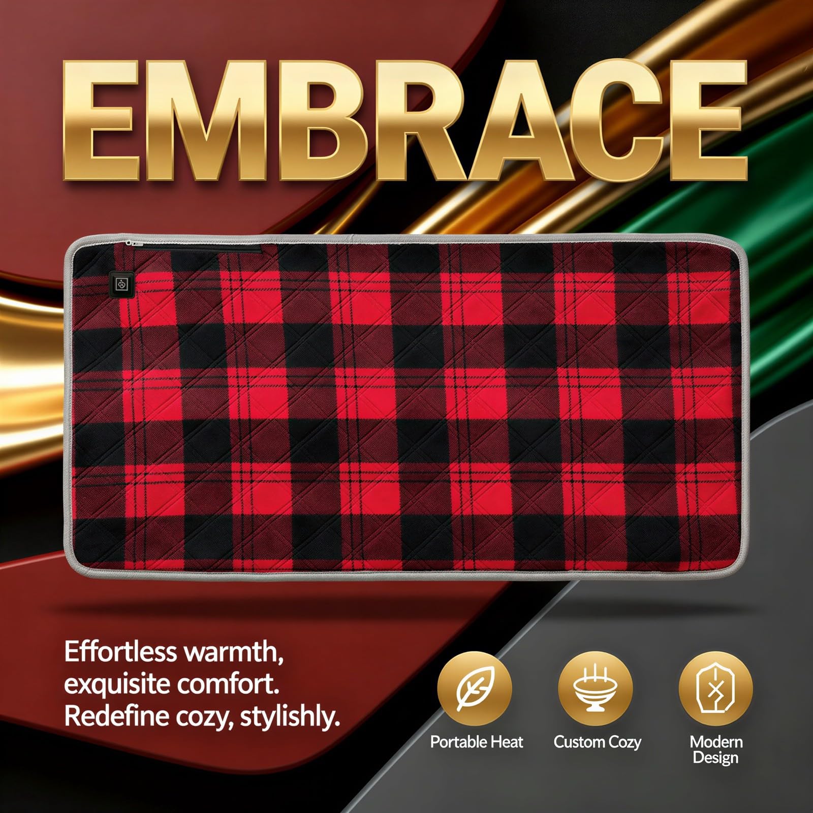 Cuscino riscaldato USB, 89,9 x 45 cm, motivo scozzese, con 4 zone di riscaldamento, 3 impostazioni di temperatura, per sedia da ufficio, auto, animali domestici, campeggio, uso esterno