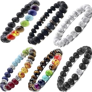 Cmidy 6pcs Black Lava Stone 7 Chakra Bracelets 8mm Elastic Oil Diffuser Yoga Meditation Beads for Men Women