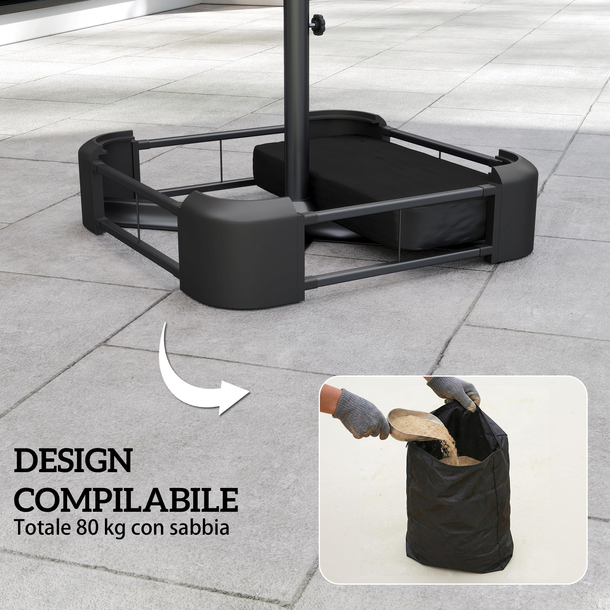 Outsunny Base per Ombrellone Riempibile con Sabbia 80 kg in HDPE Nero | Sabbia Bagnata 90 kg, Basamento per Ombrellone da Giardino, per Pali da Ø48 mm