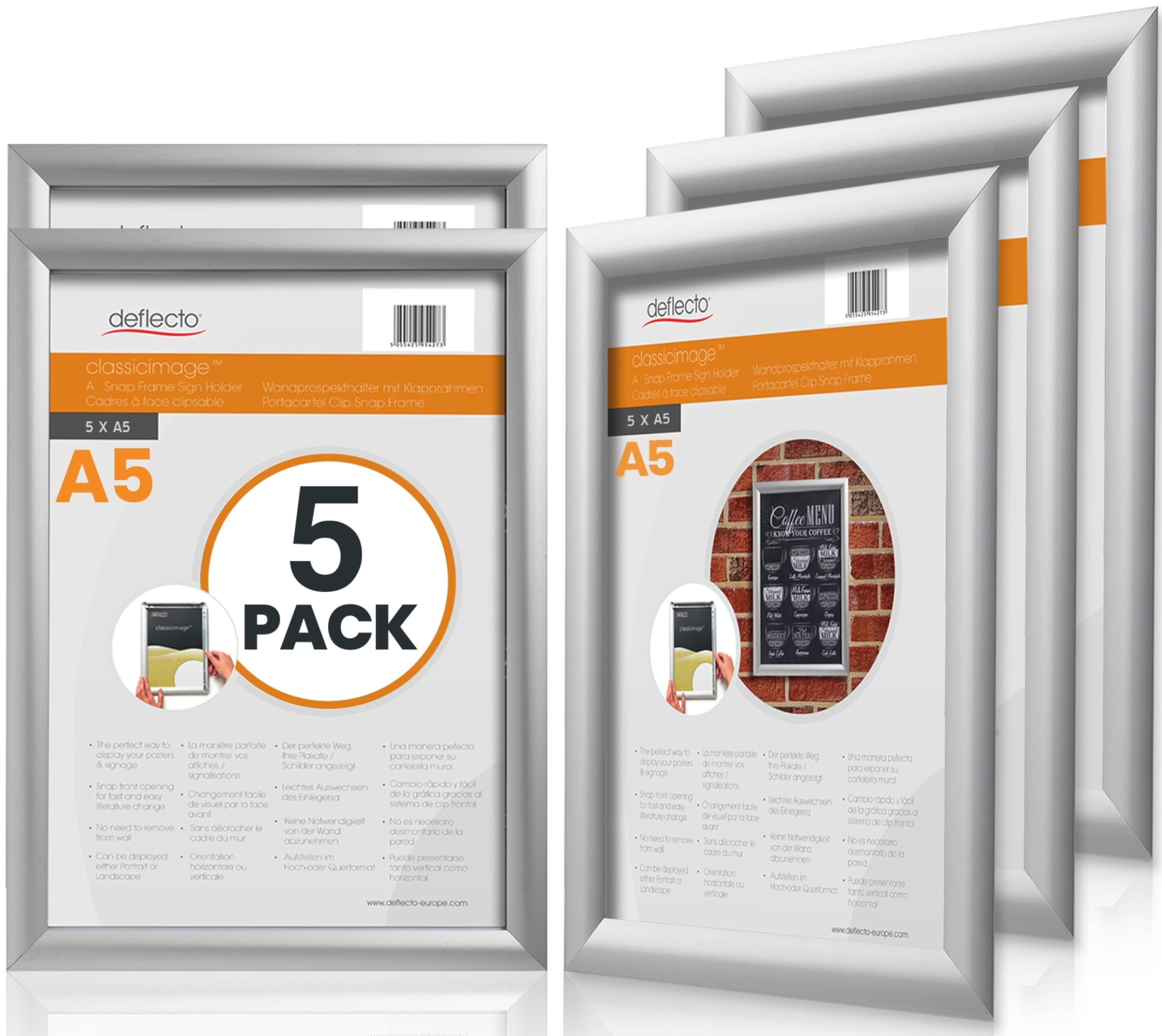 Deflecto Silver Pk 5 X A5 Snap Frame - Aluminium Clip Frames - Wall Mount Picture Frames - Posters Display Holder - Front Opening Picture Frame Clips