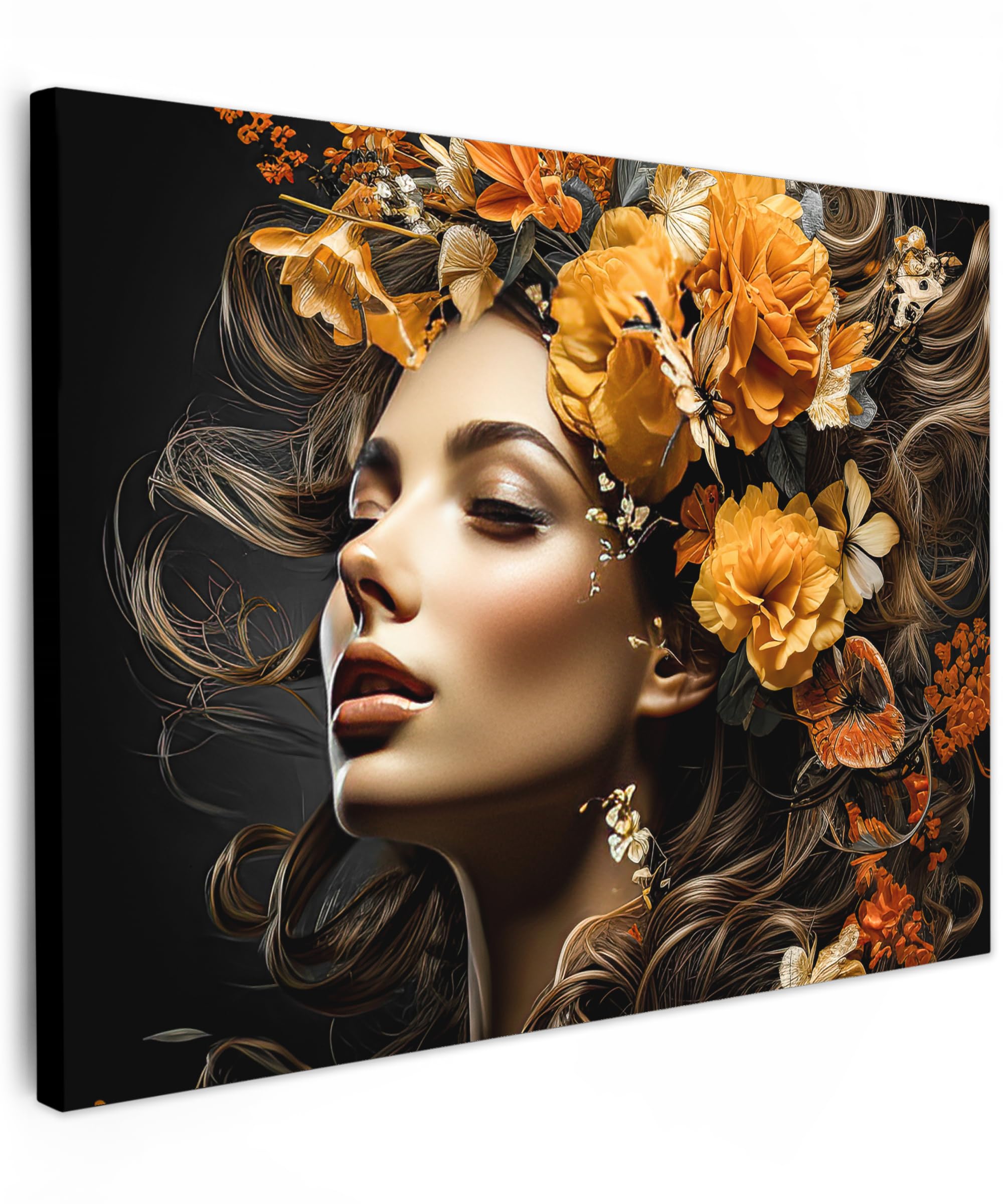 MuchoWow© Canvas Wall Art 31"x24" / 80x60 cm Decor Prints for Living Room Decorative Canvases Hall Artwork Woman - Portrait - Flowers - Colorful