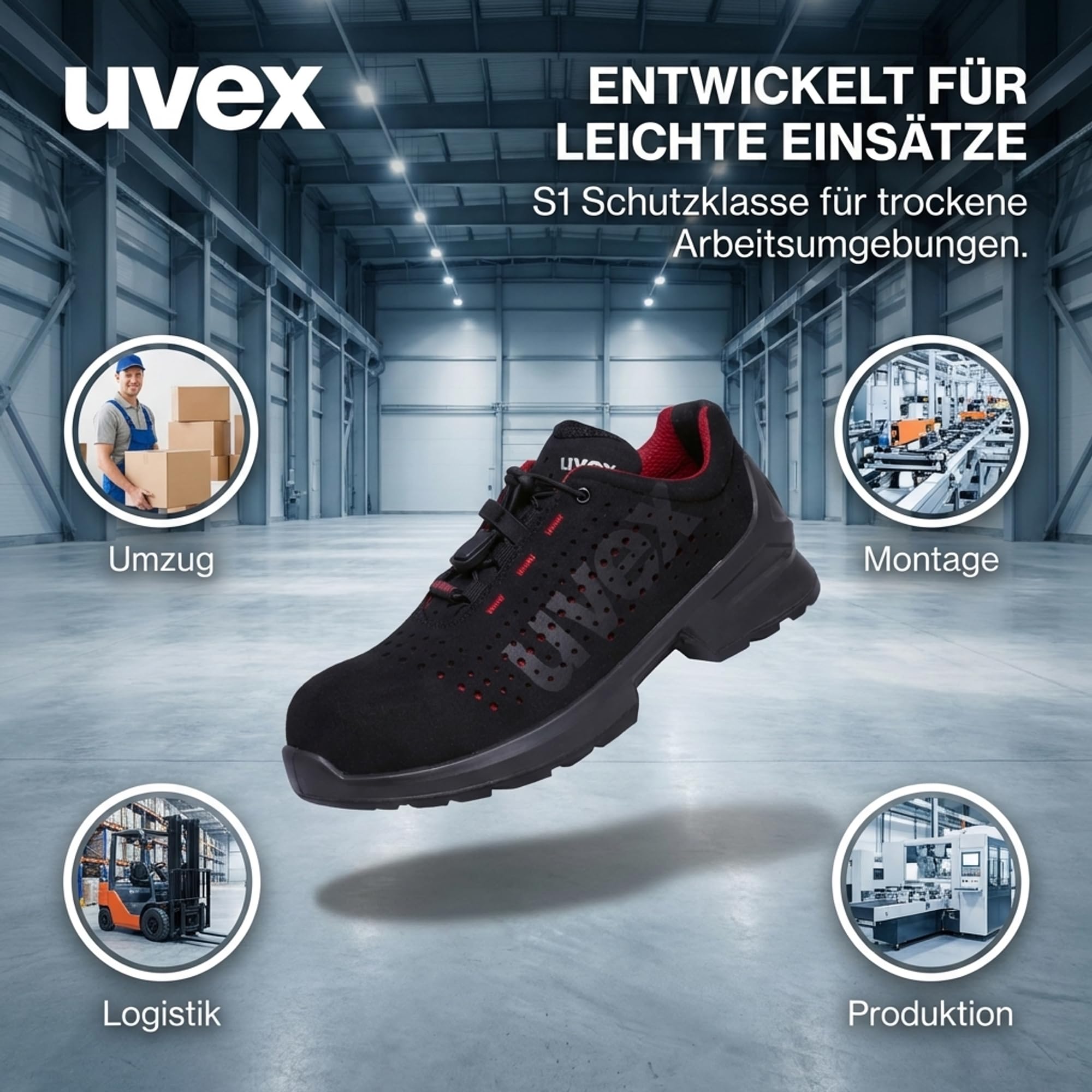 Uvex 1 Duo S1 gelochter Halbschuh - Sicherheitsschuh für leichte Bereiche - sportlich, leicht & flexibel