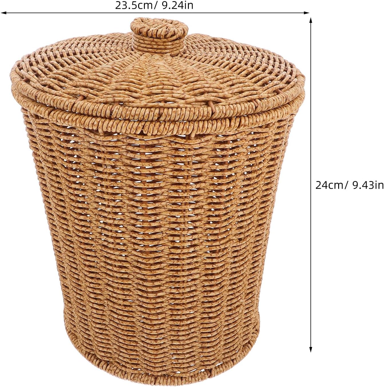 Kichvoe Handcrafted Woven Hamper: Plastic Fake Rattan Basket With Lid - Rustic Storage Basket For Laundry - Farmhouse Wove Organizer Bin With Cover 24x23.5cm