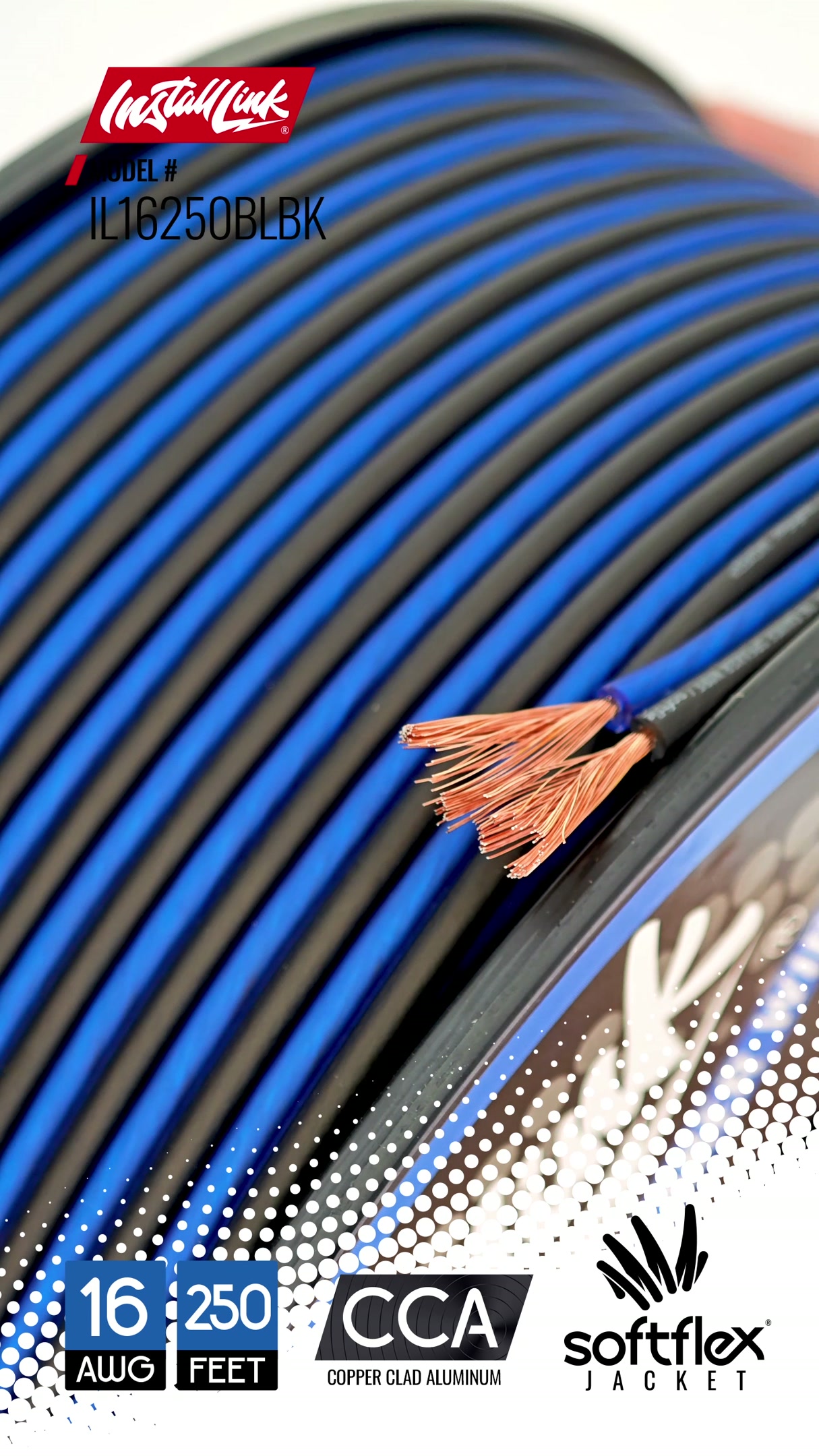 Image of Install Link 16 AWG Gauge Speaker Wire (250 Feet) Car or Home Theater (CCA) | 16 /2 Speaker Cable, 2-Conductor, Frosted Blue /Black, Easy Strip, Polarity ID, for Car Audio & Home Stereo