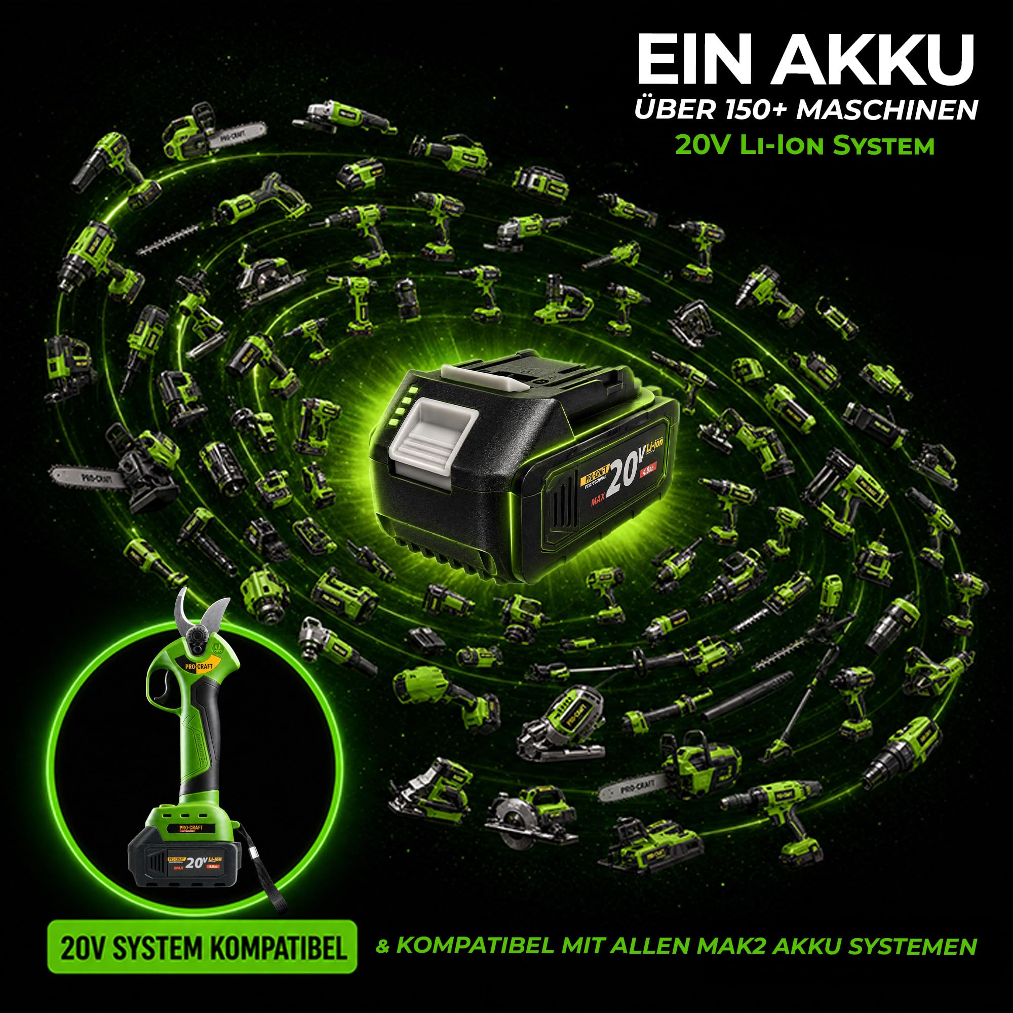 Procraft ES28Li bb Akku Astschere Gartenschere 20 V 25 mm + 1x Akku 4,0 Ah