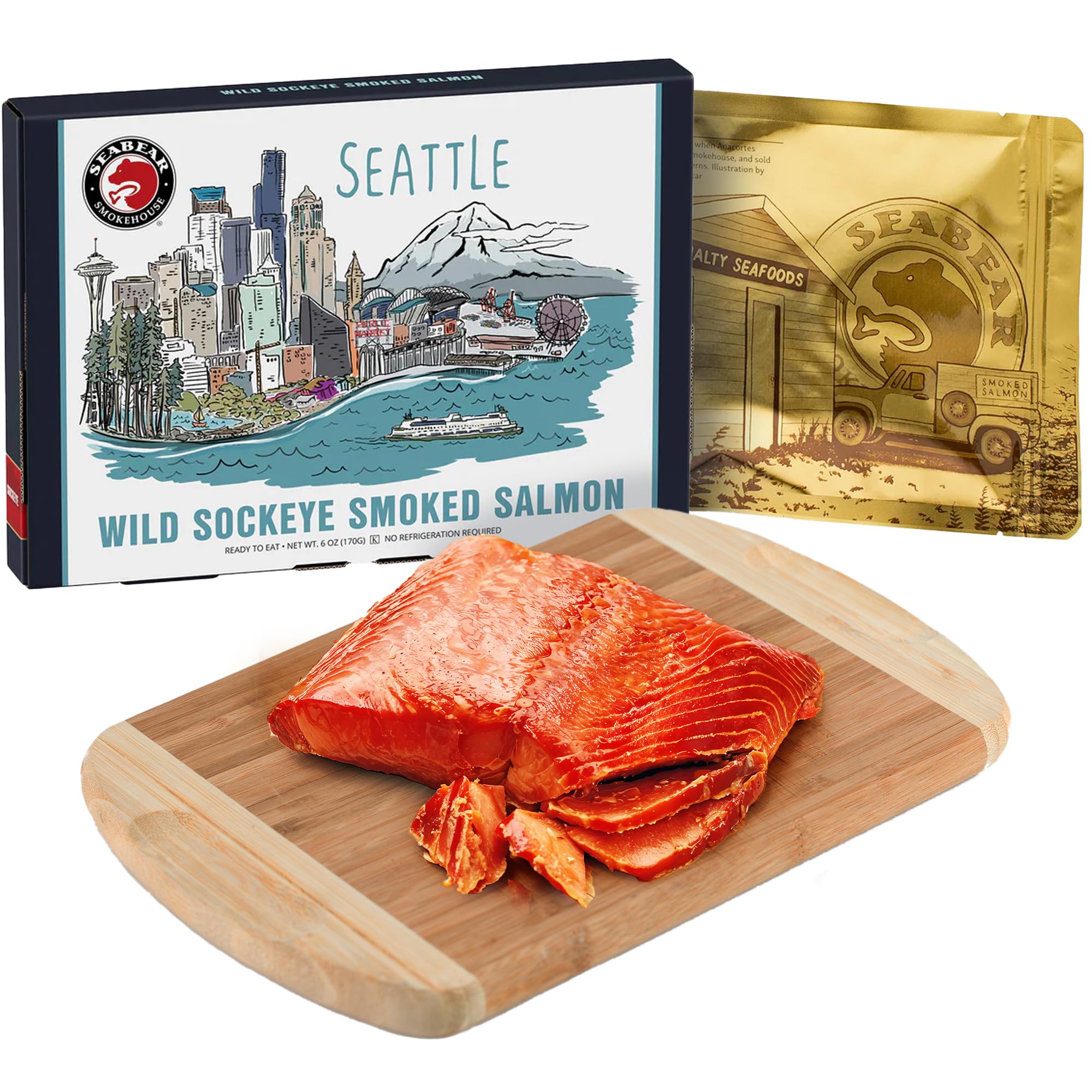 SeaBear Seattle Skyline Smoked Sockeye Salmon Gift Box - Wild Caught, Shelf Stable, Ready to Eat, 6 oz Smoked Salmon Fillet from Alaska