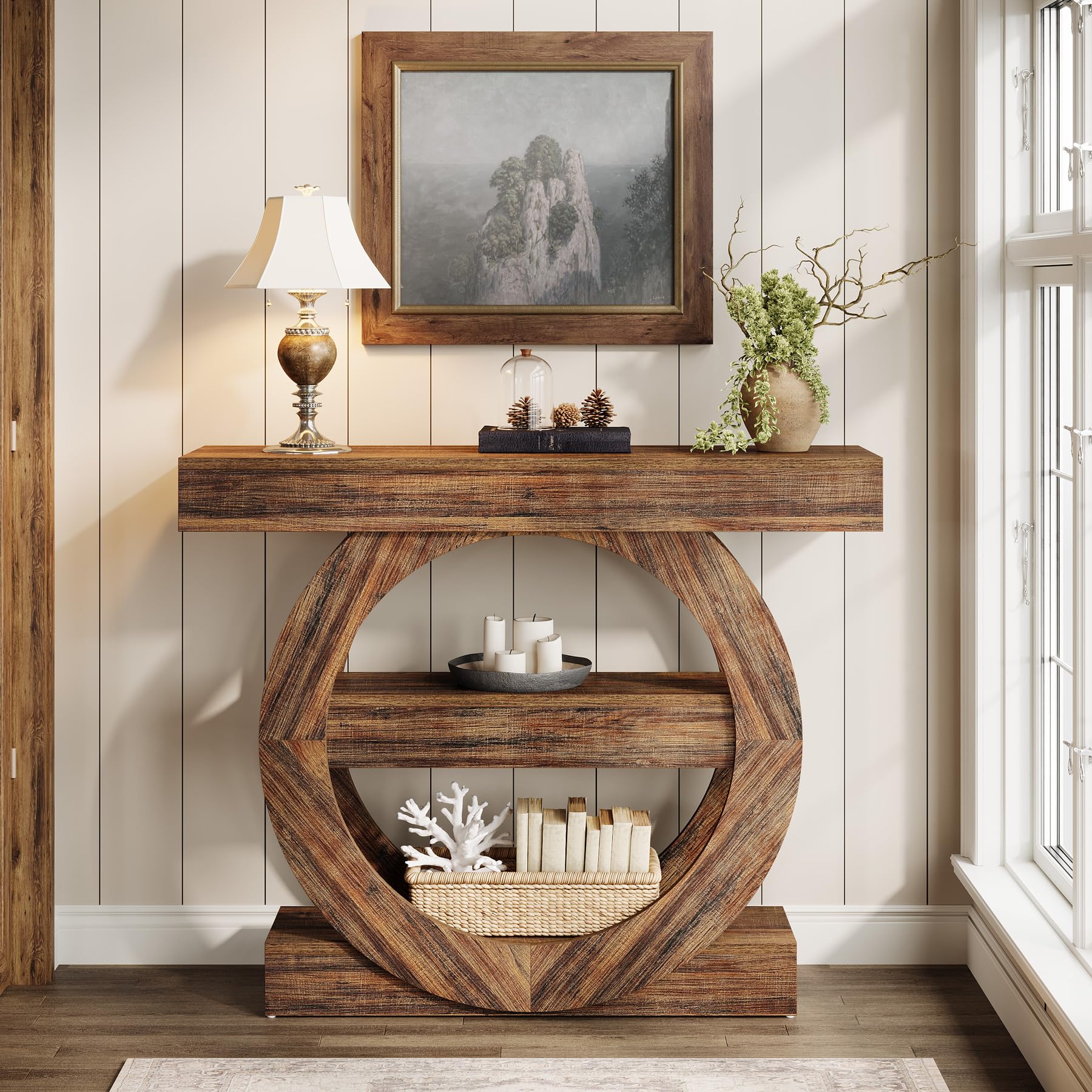 Tribesigns Mesa de entrada de 41 pulgadas con almacenamiento, mesa consola de 3 niveles con estantes, mesas de vestíbulo de madera para entrada, sala de estar, pasillo, detrás del sofá (marrón rústico