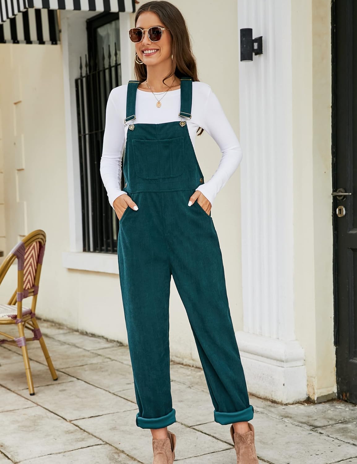 Flygo Corduroy Overalls for Women Loose Fit Adjustable Straps Long Bib Pants Wide Leg Jumpsuits with Pockets - Image 4