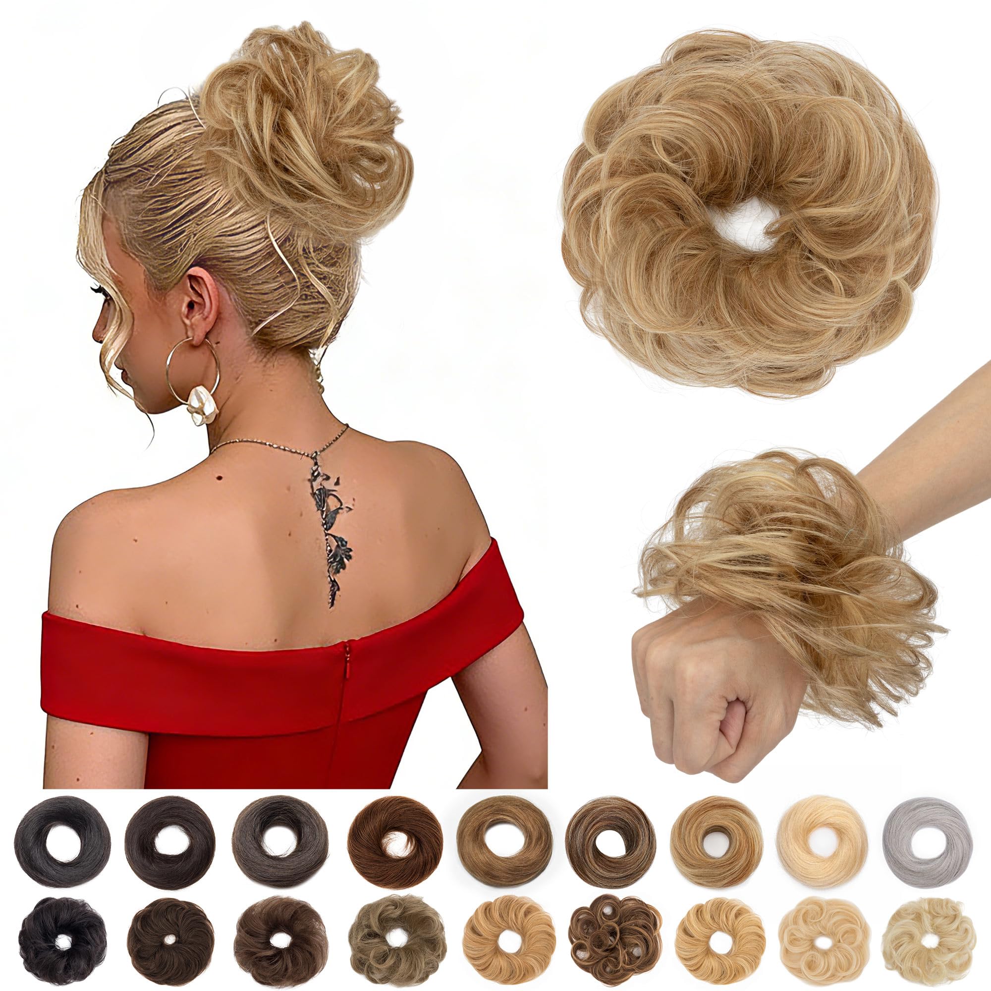 Photo 1 of S-noilite Messy Bun Hairpiece Real Human Hair for Women Curly Wavy Tousled Updo Scrunchie Realistic Natural Messy Bun Hair Piece Highlight Light Brown Mixed Bleached Blonde