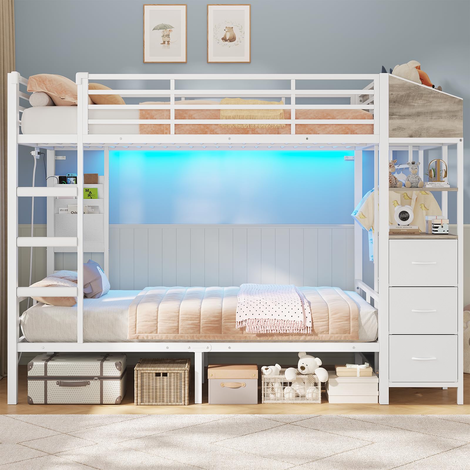 Hochbett 90x200 Jugendbett mit Treppe und Rausfallschutz Bunk Bed mit LED Beleuchtung und Ladestation Modernes Etagenbett mit Garderobenständer und Stauraum für Kinder Jugendliche und Erwachsene
