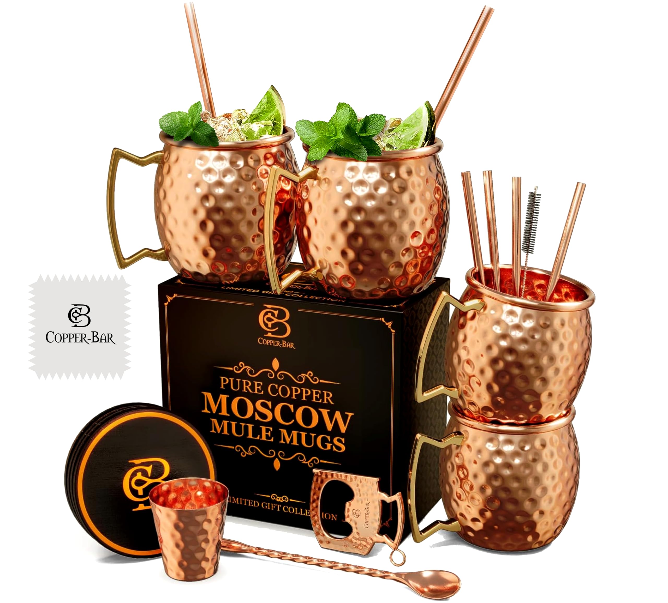 COPPER-BAR Moscow Mule Copper Mugs - Unique HANDCRAFTED Gift Set of 4, Hammered by Artisan, 100% Pure Solid Copper Cups 16oz for Drinking Water & Cocktails, Include 19 Pcs accessories & Special Opener