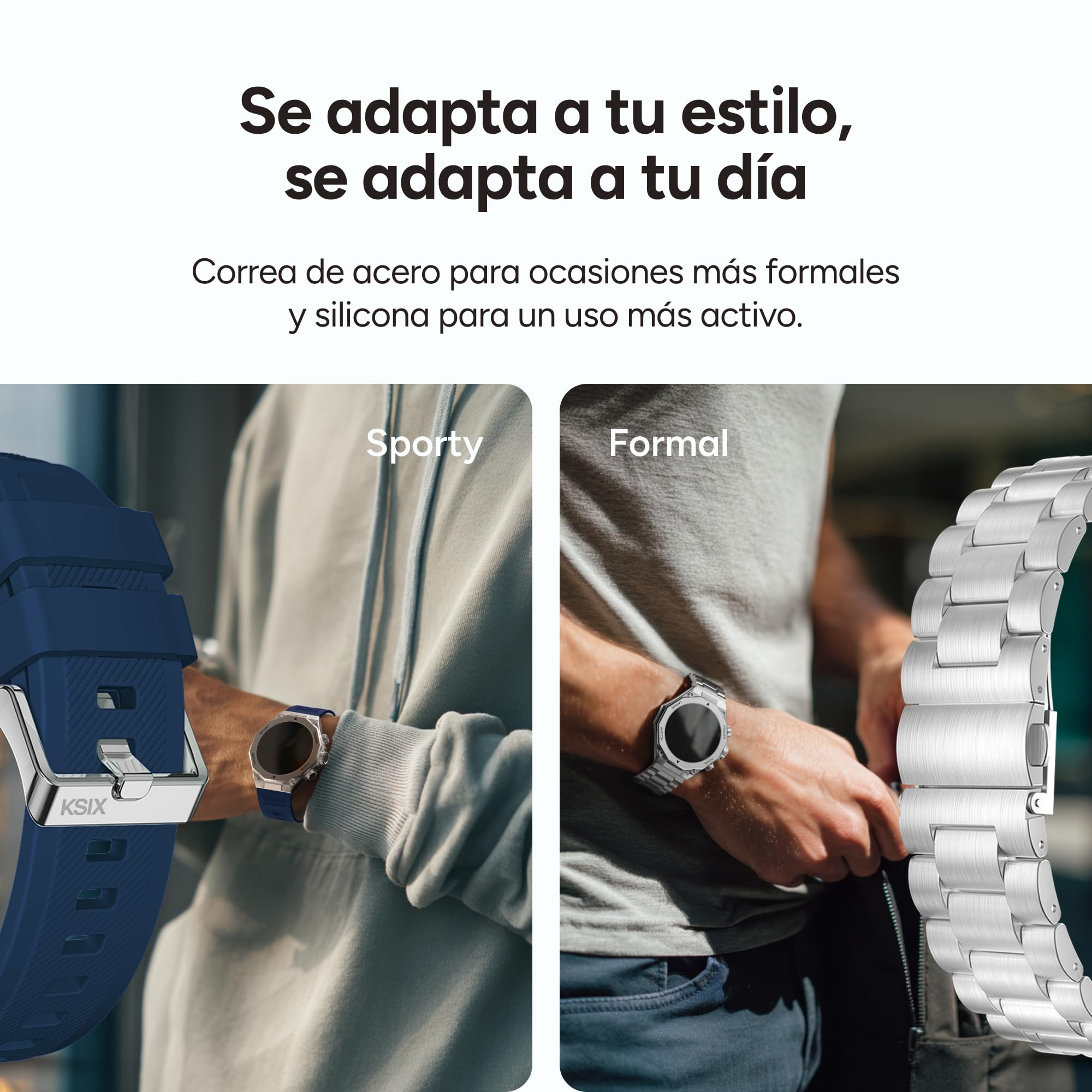 KSIX Smartwatch Titanium Go - Reloj Inteligente Hombre Pantalla AMOLED 1.43", Diseño Cronógrafo, Llamadas, IP67, Compatible con iPhone® y Android®, 2 Correas Acero Plateada y Silicona Azul