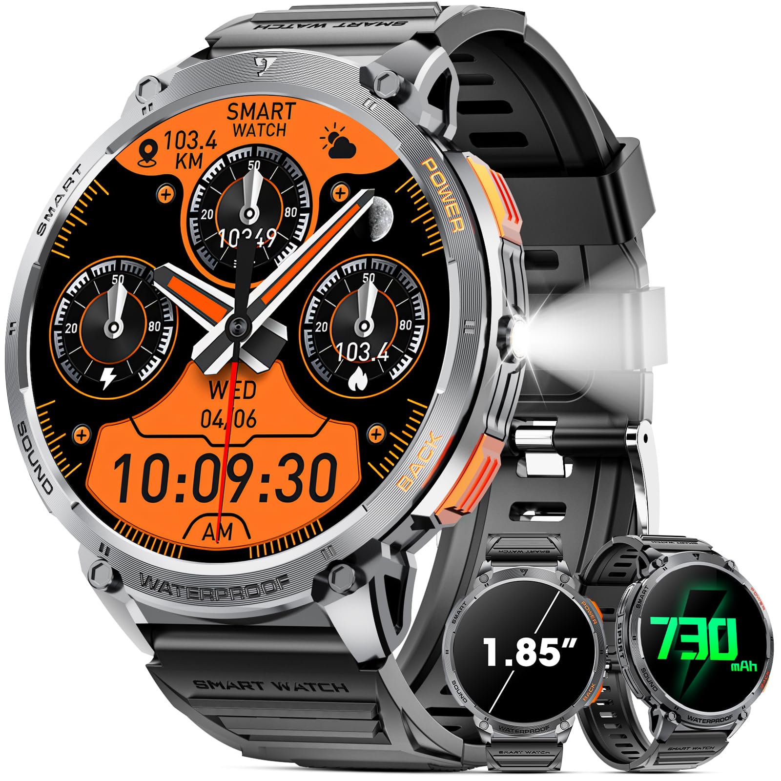 Reloj Inteligente Hombre con 1,85" 730mAh 110+ Modos Deportivos, Reloj Militar Hombre Pulsómetro/Sueño/Podómetro/IP68 Impermeable, Smartwatch con LED Linterna para Android iOS (Llamadas Bluetooth) Certificado ClimatePartner