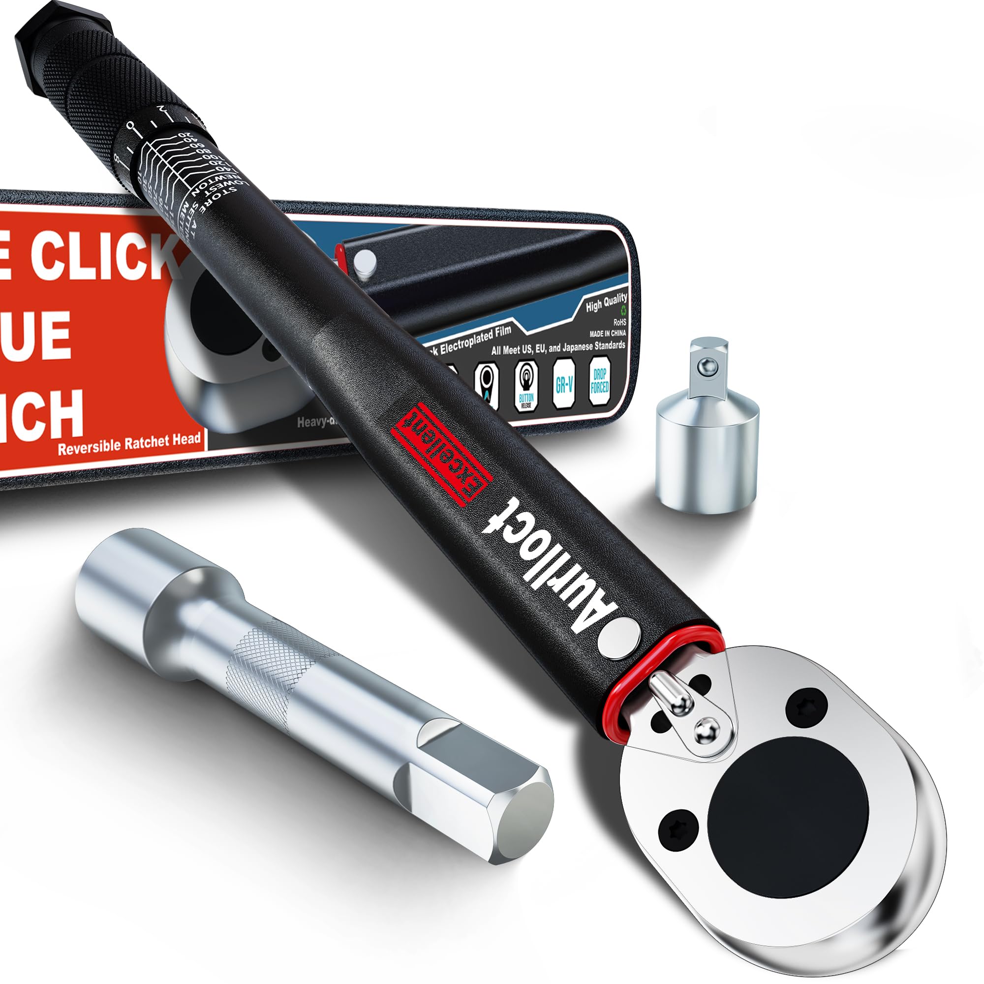 Juego de Llave Dinamométrica 3/8 Pulgada, 10-140 Nm Chave Dinamométrica, Extensión de 7,5 cm, Adaptador de 3/8" a 1/4", Precisione ± 3%, para Coche y Moto