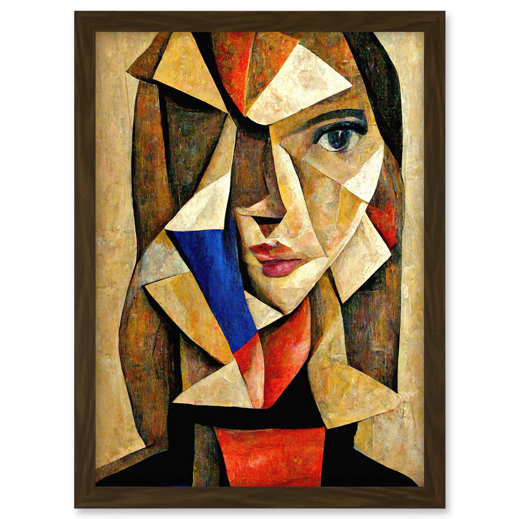 Doppelganger33 LTD Painting Cubism Style Portrait Of Young Woman Beige And Brown Artwork Framed A3 Wall Art Print