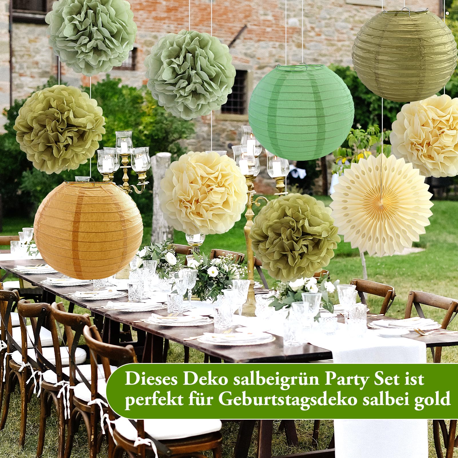 15 pezzi Decorazioni per feste verde salvia e oro, lanterne di carta verde salvia, pompon per matrimoni, fidanzamenti, baby shower, compleanni, feste