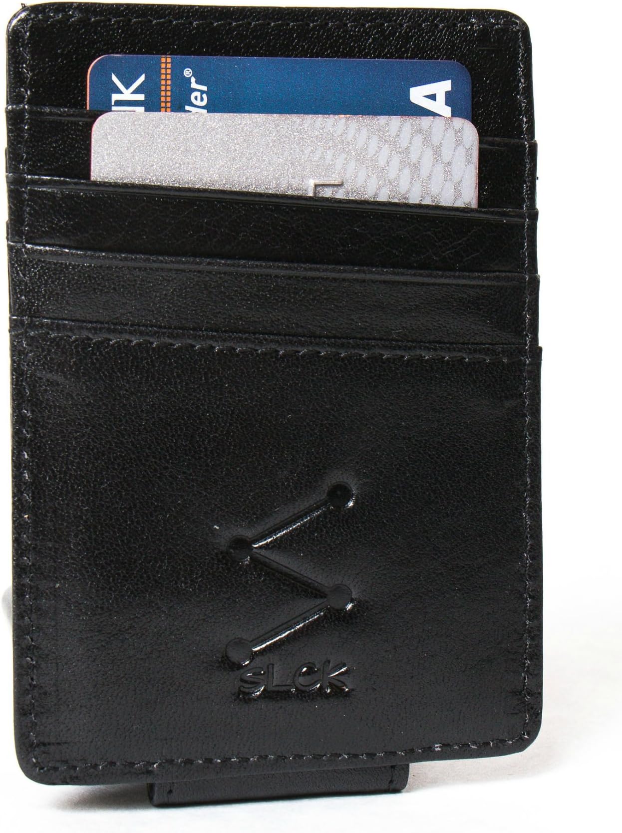 Italian Leather Slim Wallet with Magnetic Money Clip and 6 Card Slots (Black)