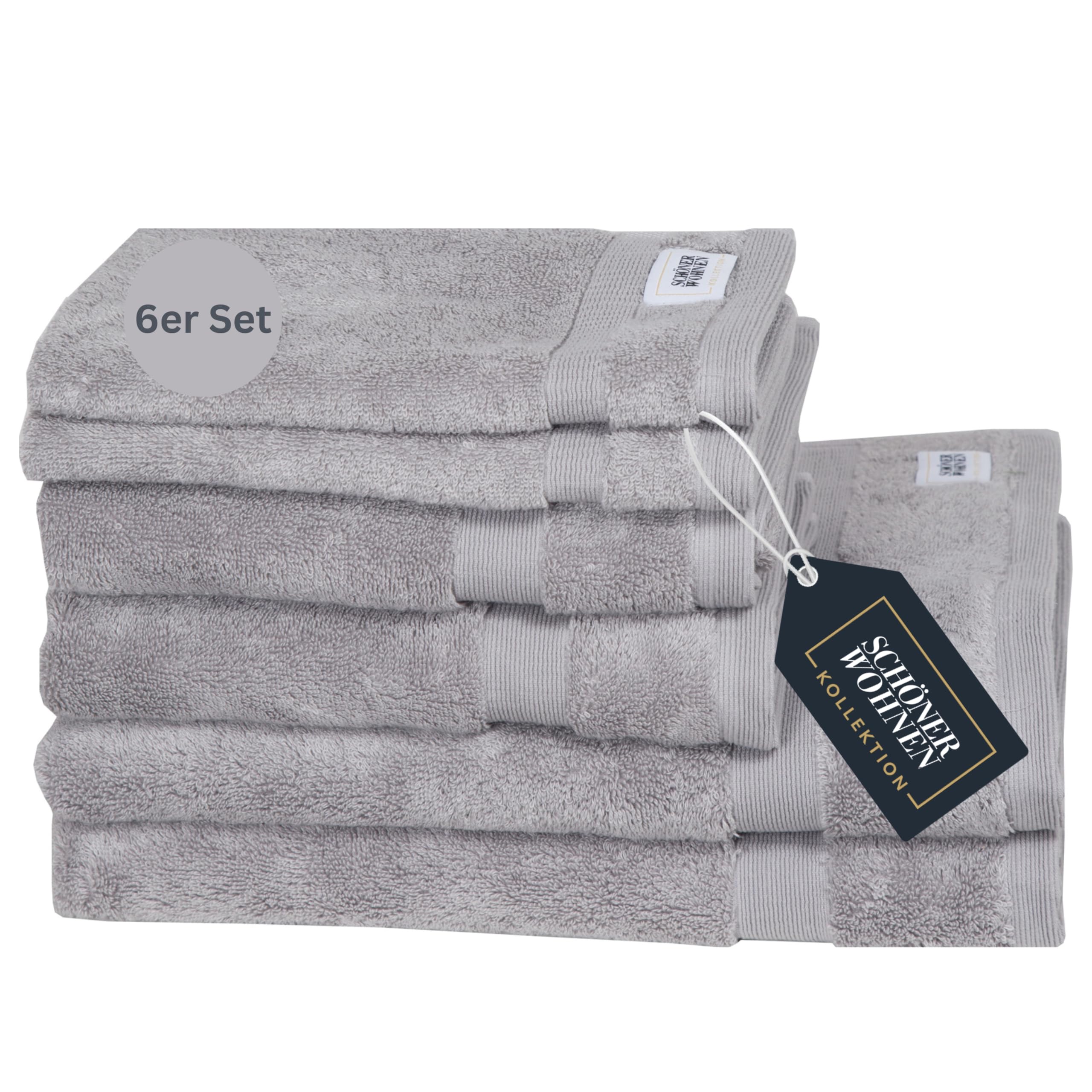 SCHÖNER WOHNEN Frottee Handtücher Set Grau 6teilig - 100% Baumwolle - Handtuch Set flauschig weich - saugstark - besteht aus 2 Duschtuch + 2 Handtücher + 2 Gästetücher - Frottiertücher Öko-Tex