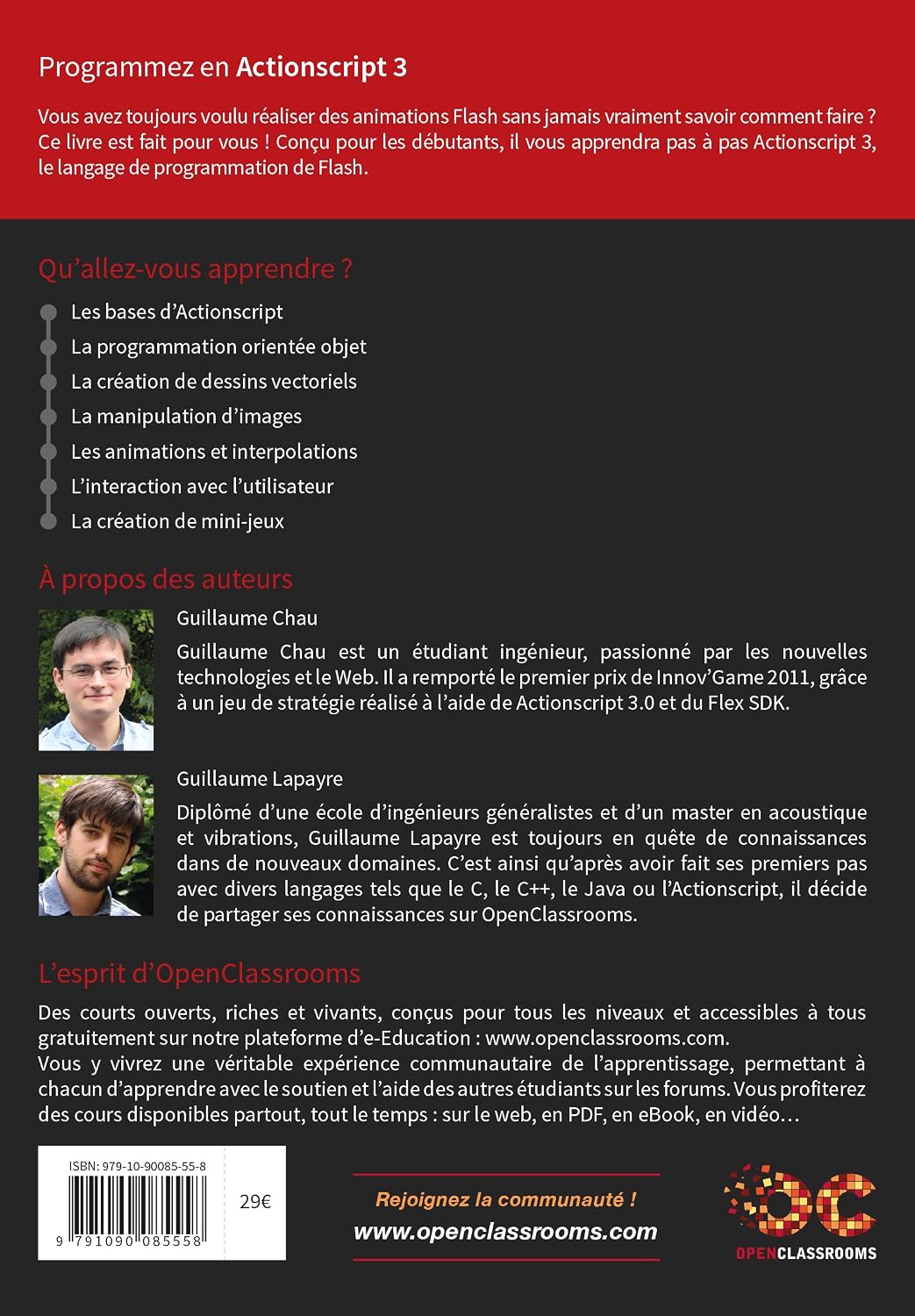 Back cover of 'Program in Actionscript 3' book, showing author biographies, a barcode, and the OpenClassrooms logo and website.