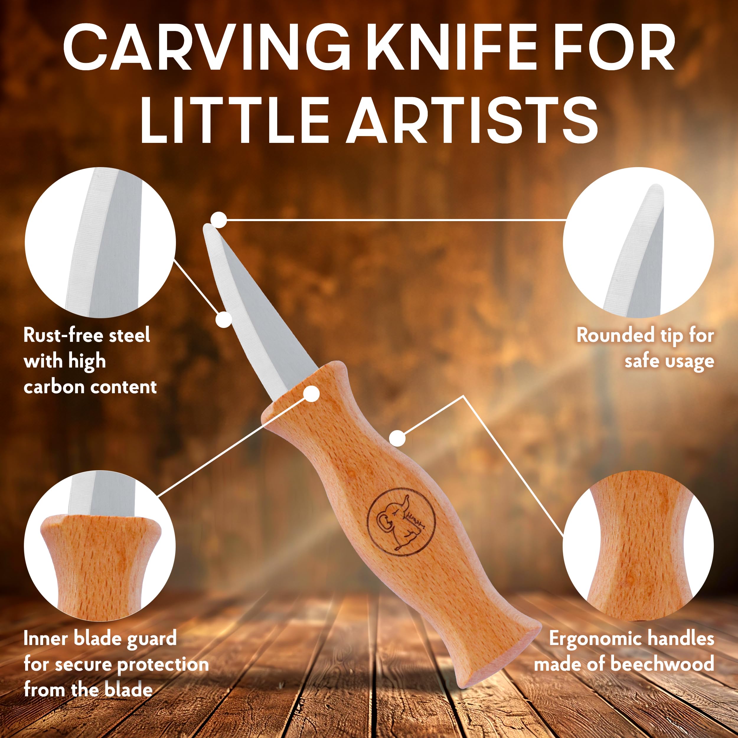 Eli®Set di coltelli da intaglio per bambini a partire da 6 anni, set di coltelli da intaglio per bambini di alta qualità da 8 pezzi, inclusi guanti, utensili da intaglio, legno di tiglio