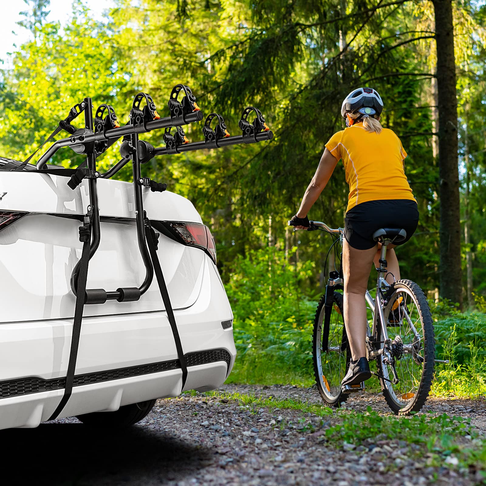 GYMAX Portabicicletas Coche con Longitud y Ángulo Ajustables para 3 Bicicletas, Soporte para Maletero para Maletero con Barra Superior y la Mayoría de Sedanes, Hatchbacks, Minivans y SUV