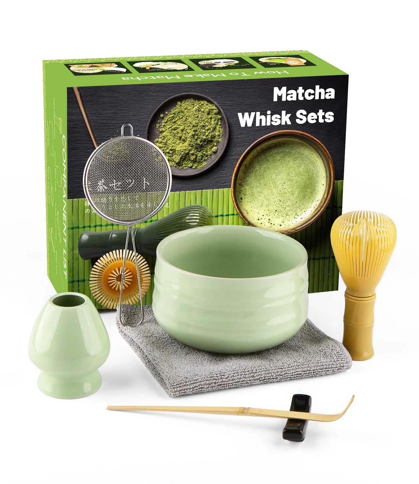Matcha Set (7-Piece) Which Matcha Whisk, Matcha Cup, Matcha Bowl, Chasen, Matcha Sieve, Matcha Spoon,Ideal Starter Matcha Kit for Easy Matcha Making (Green)