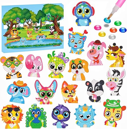 MEIEST Kit de 18 calcomanías de pintura de diamantes de animales, calcomanías de mosaico por números, juego de artes y manualidades para niños,