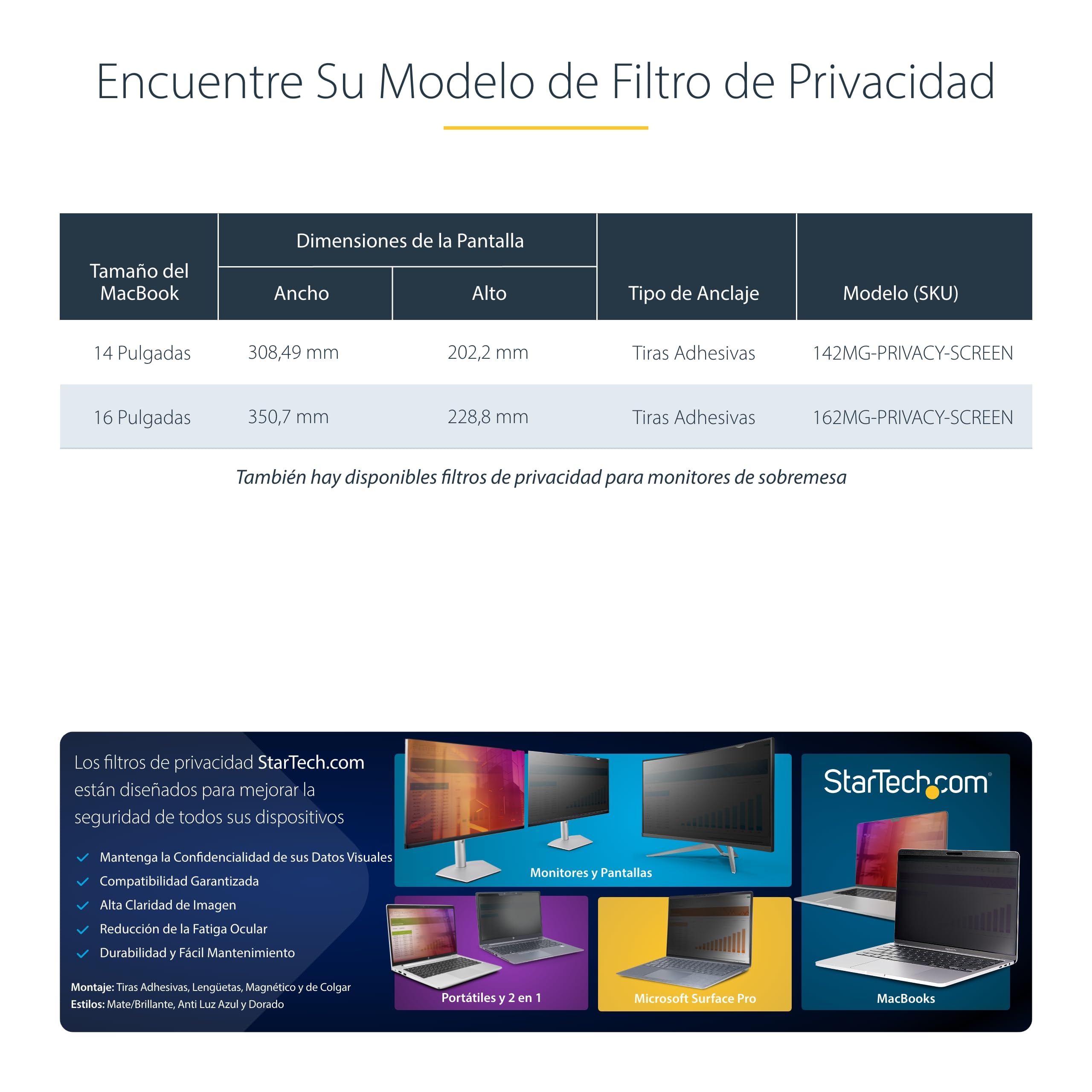 StarTech Filtro de Privacidad Dorado para MacBook Pro 16in, Antibrillo | Reduce la fatiga visual, Protege datos visuales sensibles, Facil de instalar