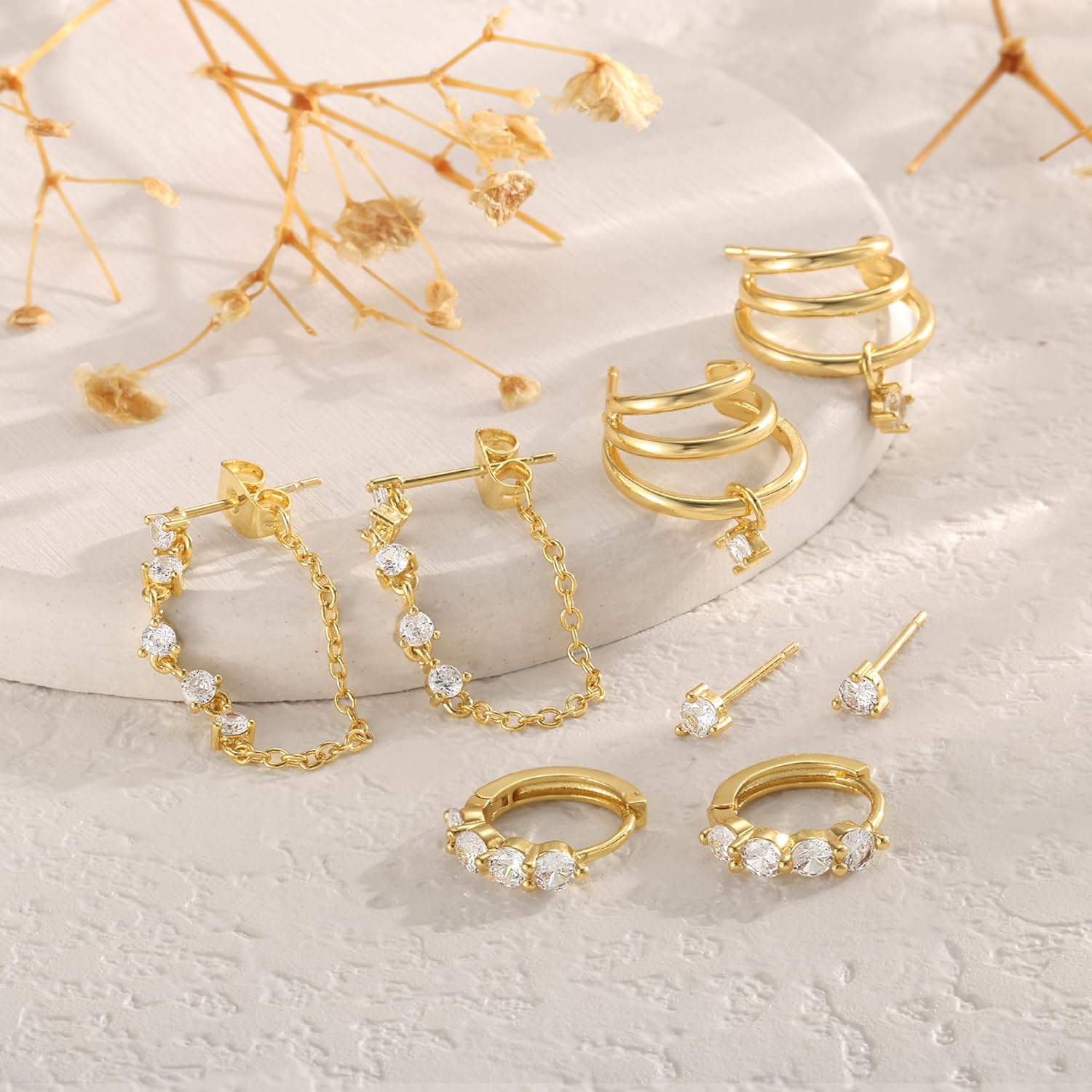 Gold Plated Earrings for Women Trendy, 14K Gold Chain Earrings Hoop Earrings Set for Multiple Piercing Dainty Dangle Huggie Earrings Cartilage Cubic Zirconia Stud Earrings Jewelry for Women - Image 4