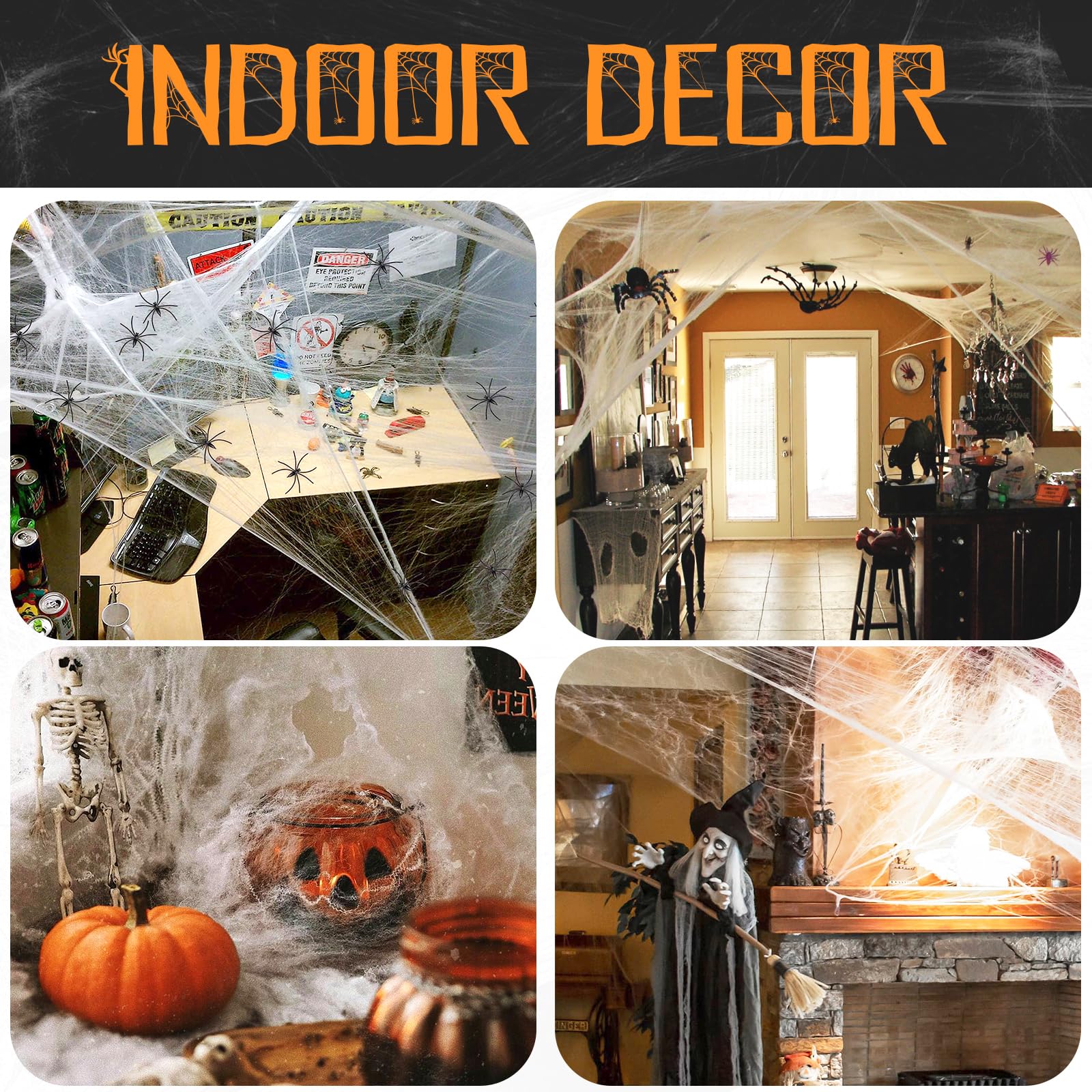 Pajęczyny dekoracje halloweenowe na zewnątrz i wewnątrz - 1200 m2 i dodatkowe 30 sztucznych pająków - trwałe i rozciągliwe dekoracje na podwórko na Halloween artykuły imprezowe