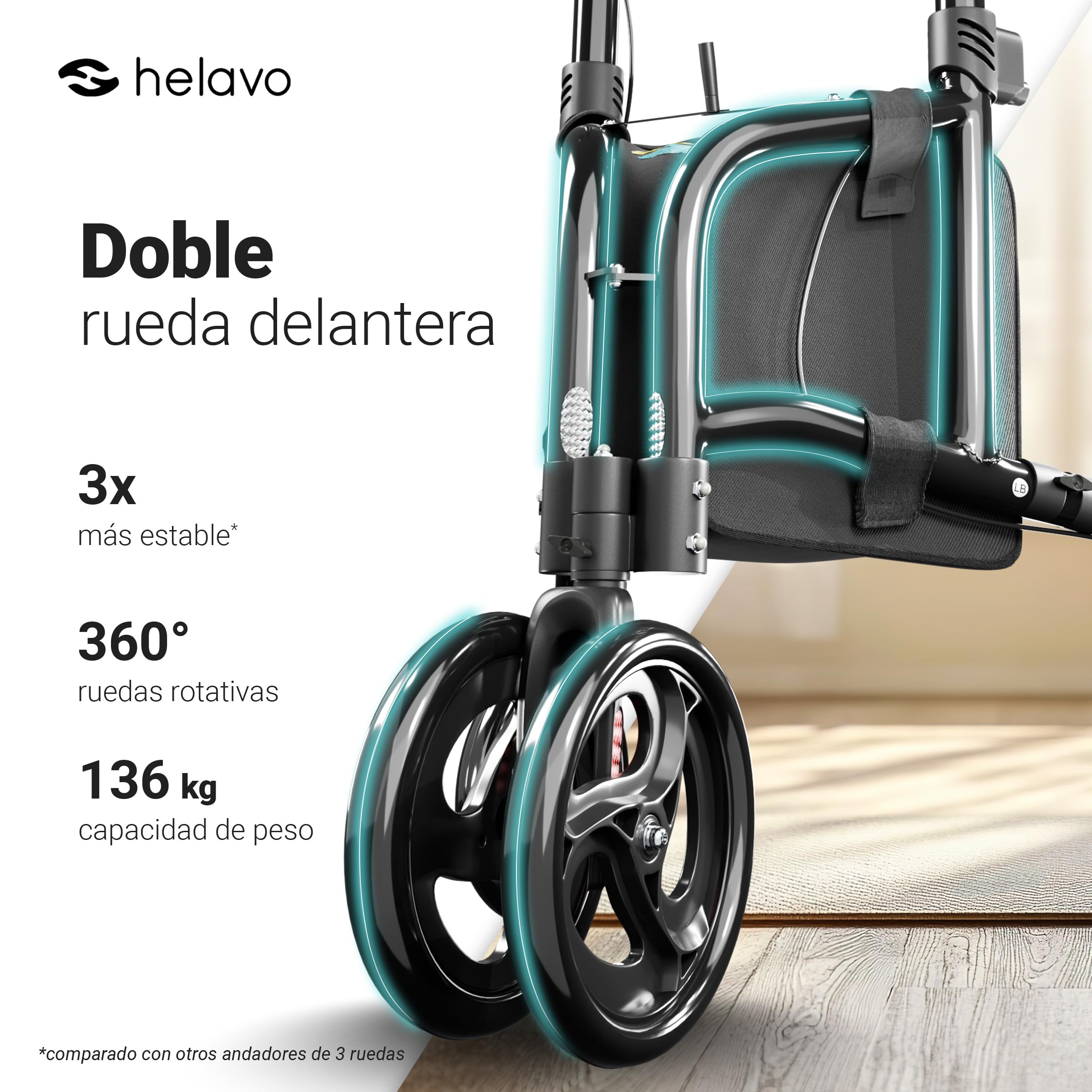 Helavo Andador de 3 Ruedas con Ruedas Dobles Delanteras - sólo 5,5 kg, Plegable, Estrecho, Andador para Adulto de Interior y Exterior, Andador Para Anciano de Aluminio