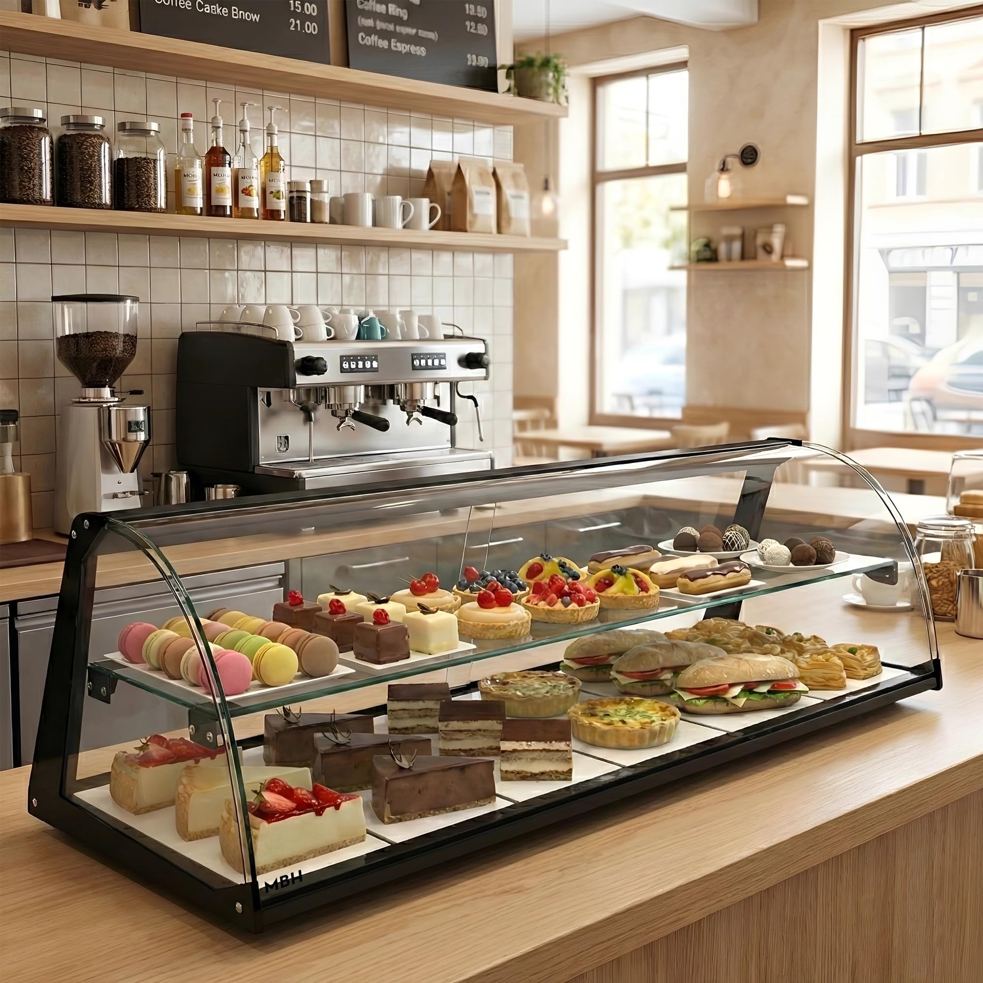 MBH - Neutrale Aufsatzvitrine 119 cm, gebogenes ESG-Sicherheitsglas, 2 Etagen, ohne LED-Beleuchtung, rückseitige Schiebetüren, für Bar, Café, Restaurant, Gebäck und Konditorei.
