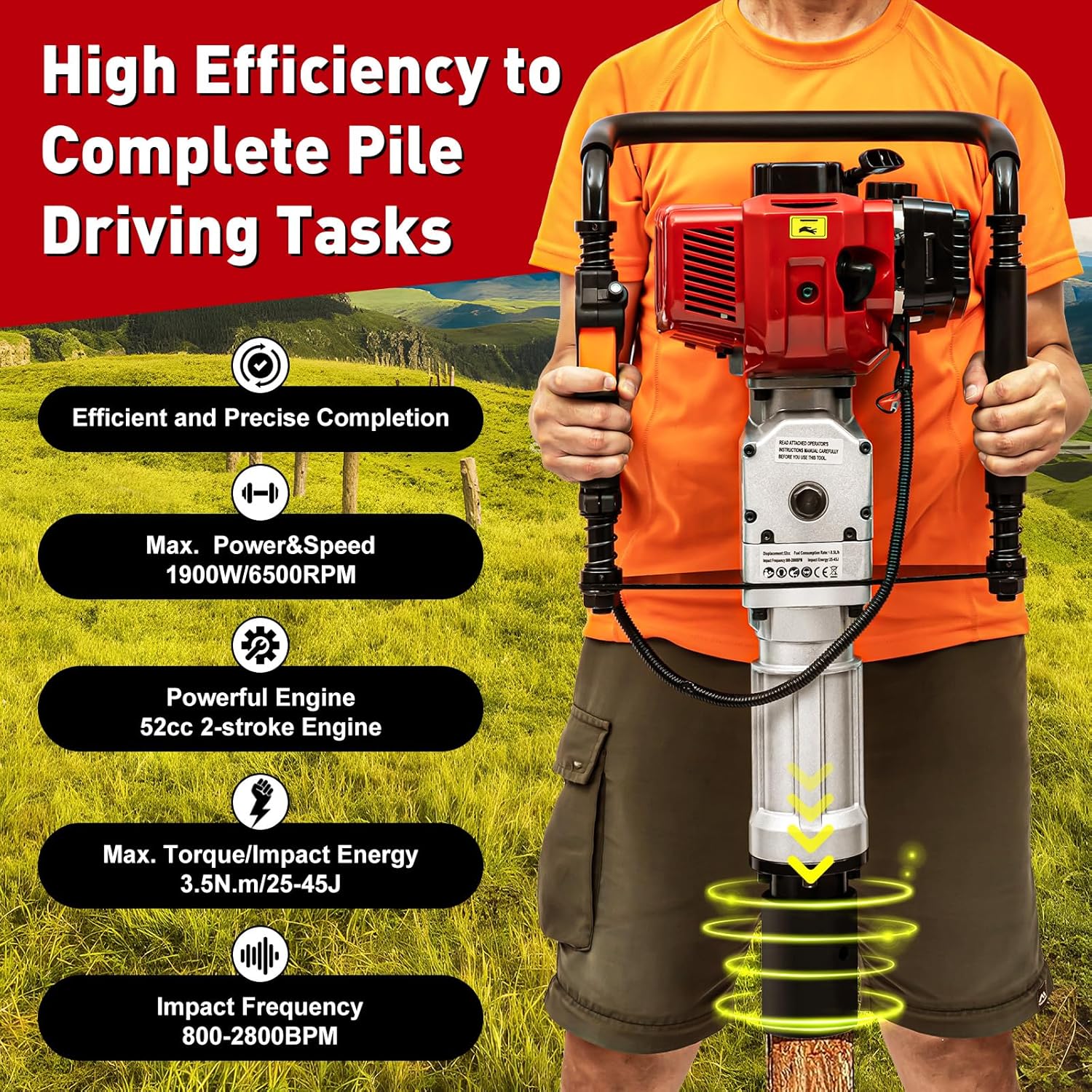 52CC Gas Powered T Post Driver 2 Stroke Gasoline Engine Post Pile Driver Single Cylinder Air Cooling Hand Pull Start Garden Fencing Tool with 2 Post Driving Heads