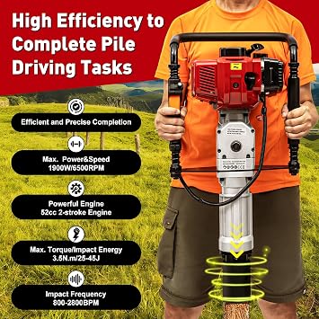 52CC 2 Stroke Pile Driver, 1900W Gas Powered Piling machine with 6500RPM Air Cooling Single-cylinder Engine for Fence Piling, Building Piling