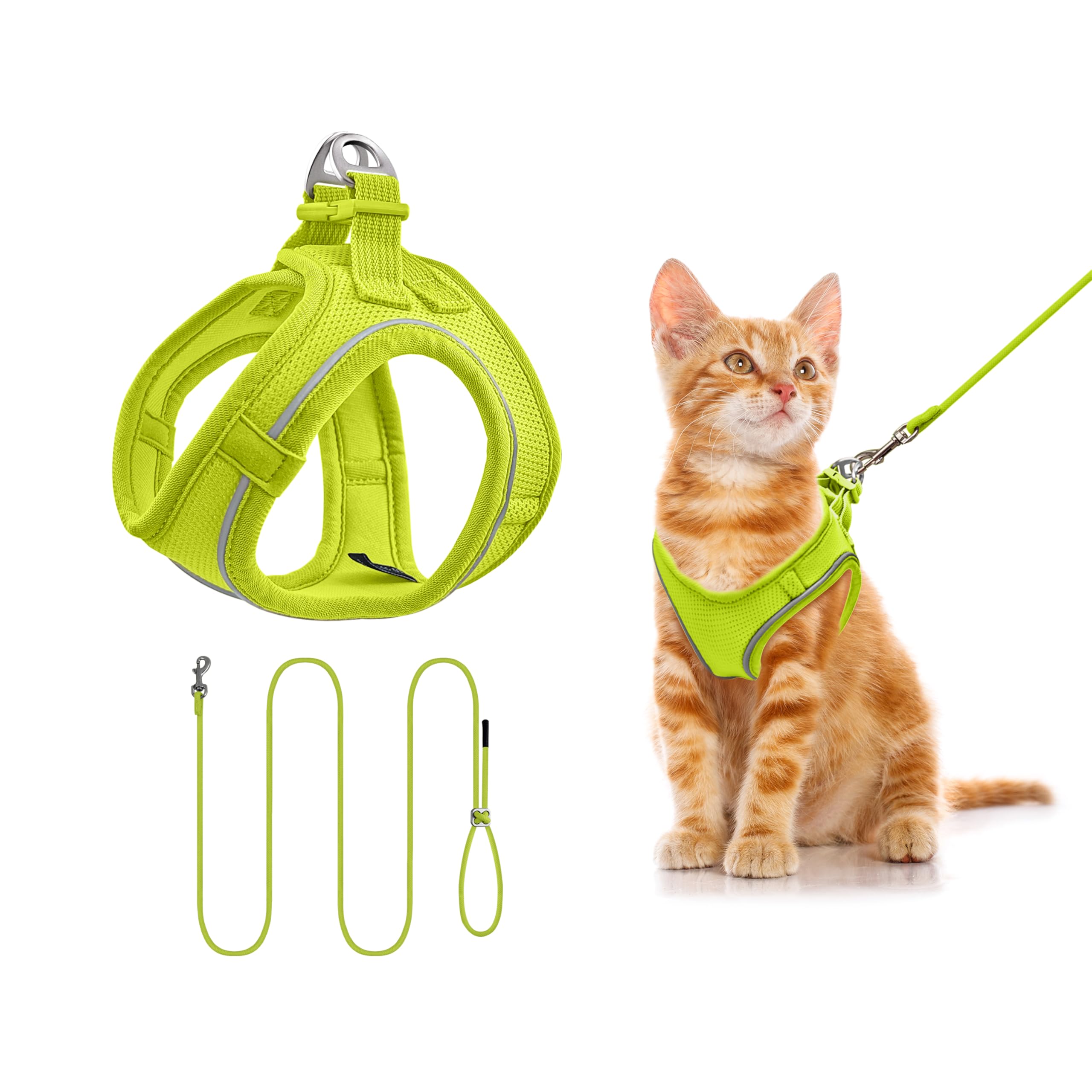 Harness for Cats with Leash 255 cm XXS (Chest 27-34 cm) Lemon Green | Breathable and Reflective Mesh Vest Anti-escape Adjustable Safety Vest for Small Kittens, Walking and Training