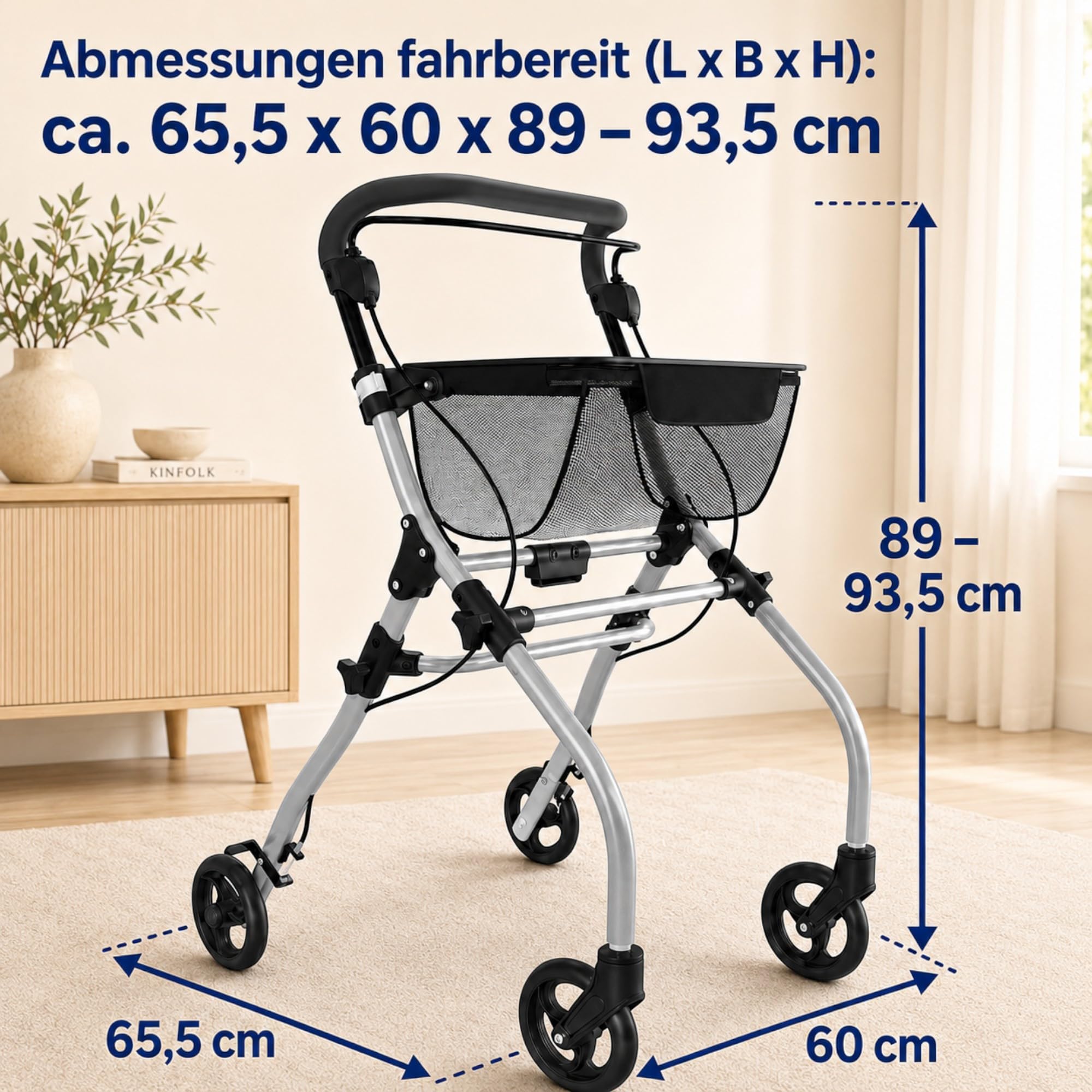 Weinberger Rollator schmal für Wohnung | 60 cm breit, faltbar, leicht, Tablett & Korb | Wendiger & höhenverstellbarer Indoor Wohnungsrollator klappbar | Gehhilfe, Laufhilfe für Senioren Schwarz/Silber